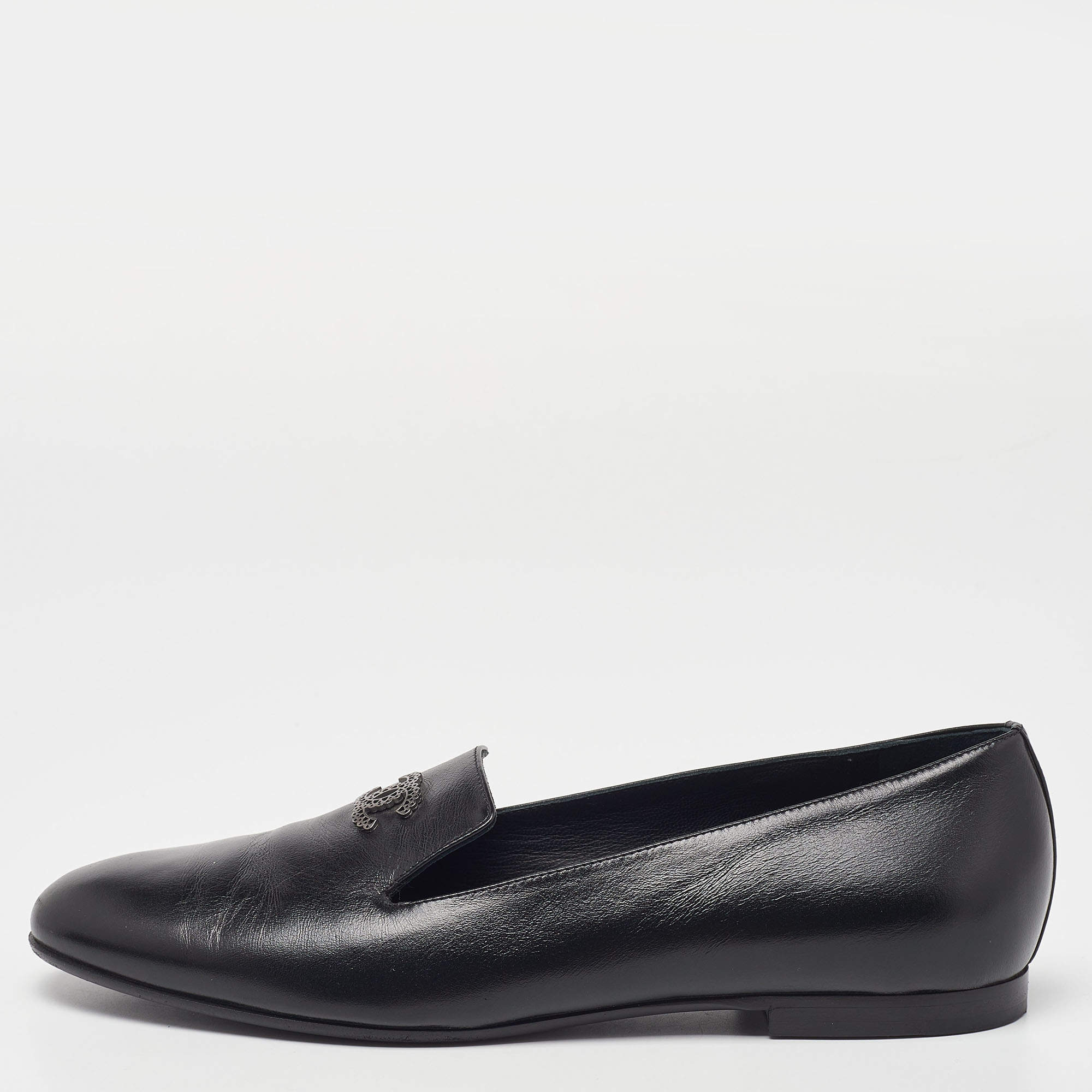 Pre Owned Chanel Black Leather CC Loafers Size 38.5