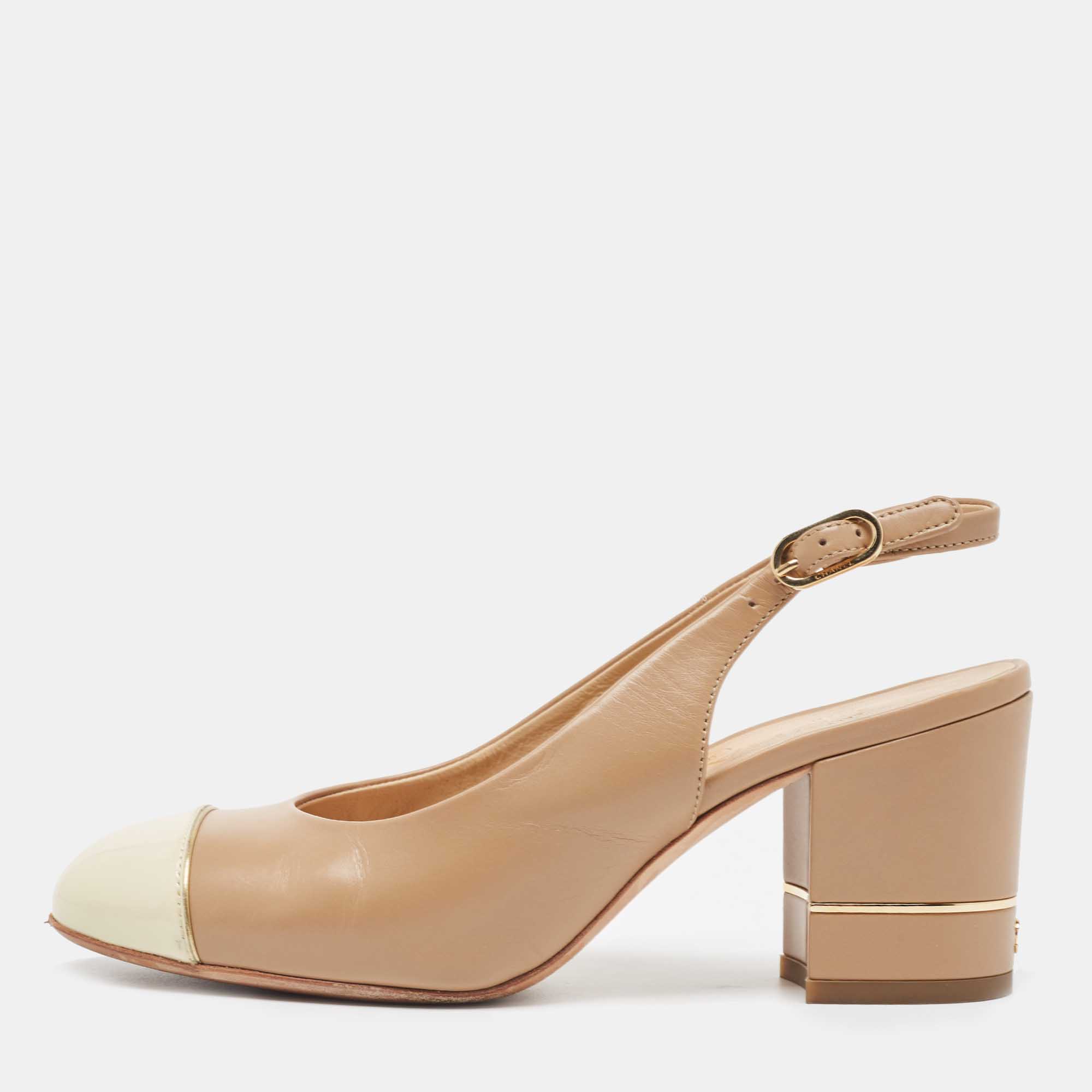 Pre Owned Chanel Brown/Cream Leather and Patent Cap Toe CC Slingback Pumps Size 36