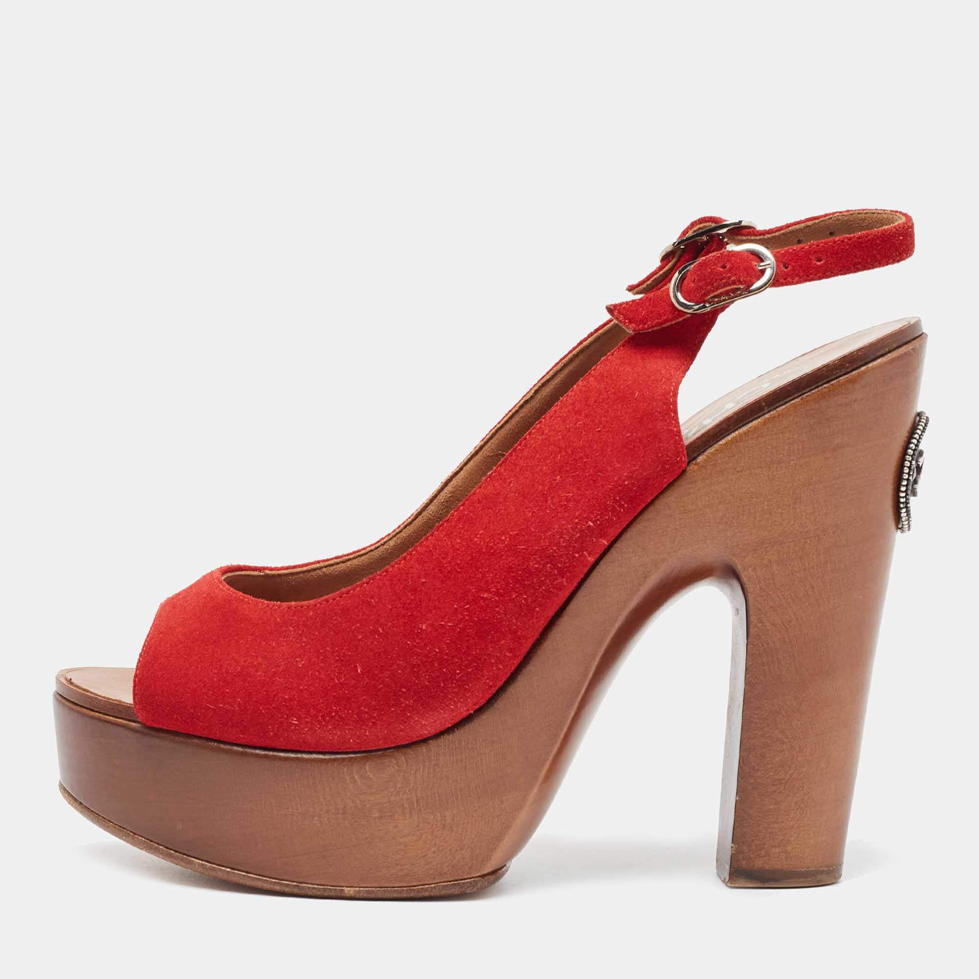 Pre Owned Chanel Red Suede Wooden Block Heel Slingback Platform Pumps Size 38