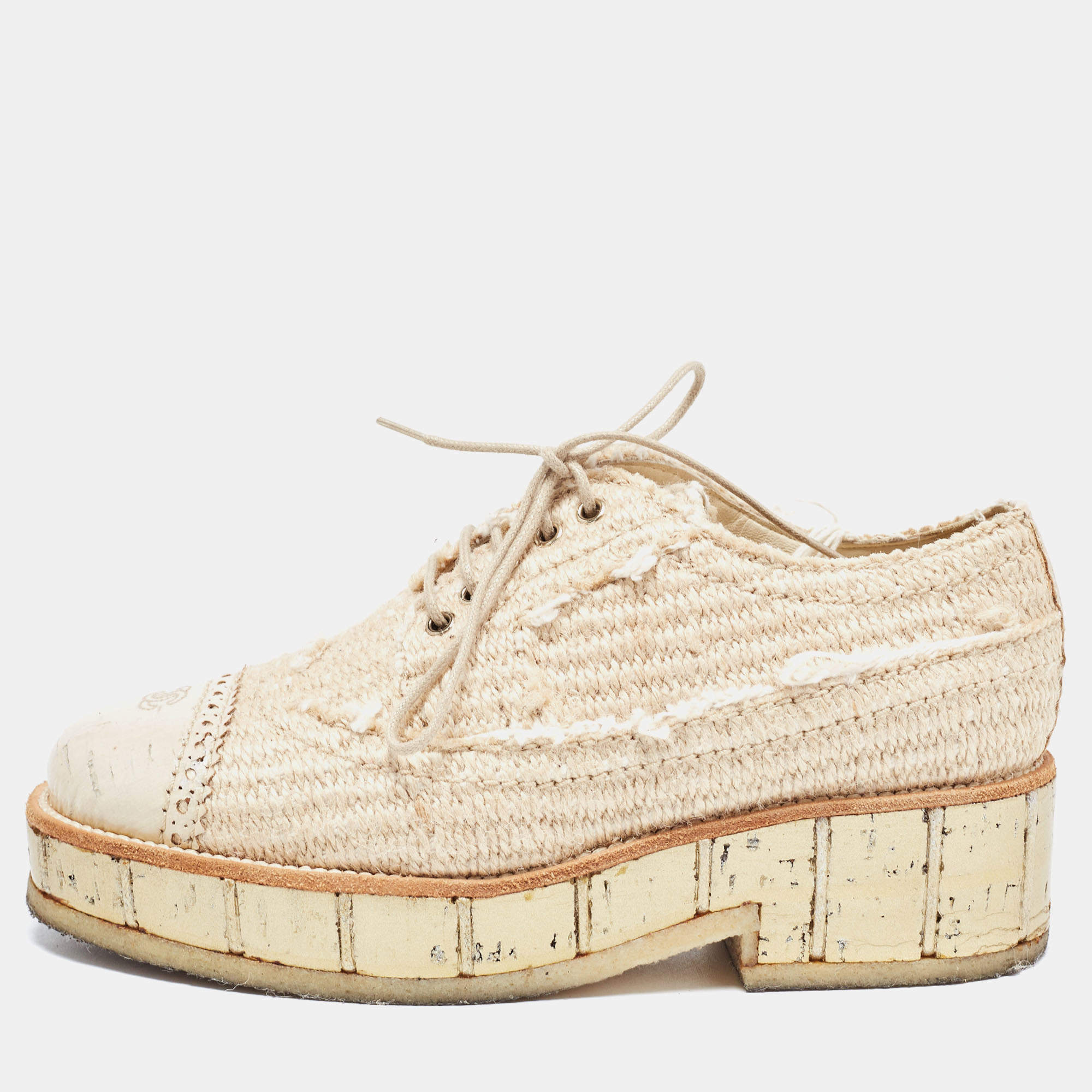 Pre Owned Chanel Beige Jute CC Cap Toe Lace Up Oxfords Size 36