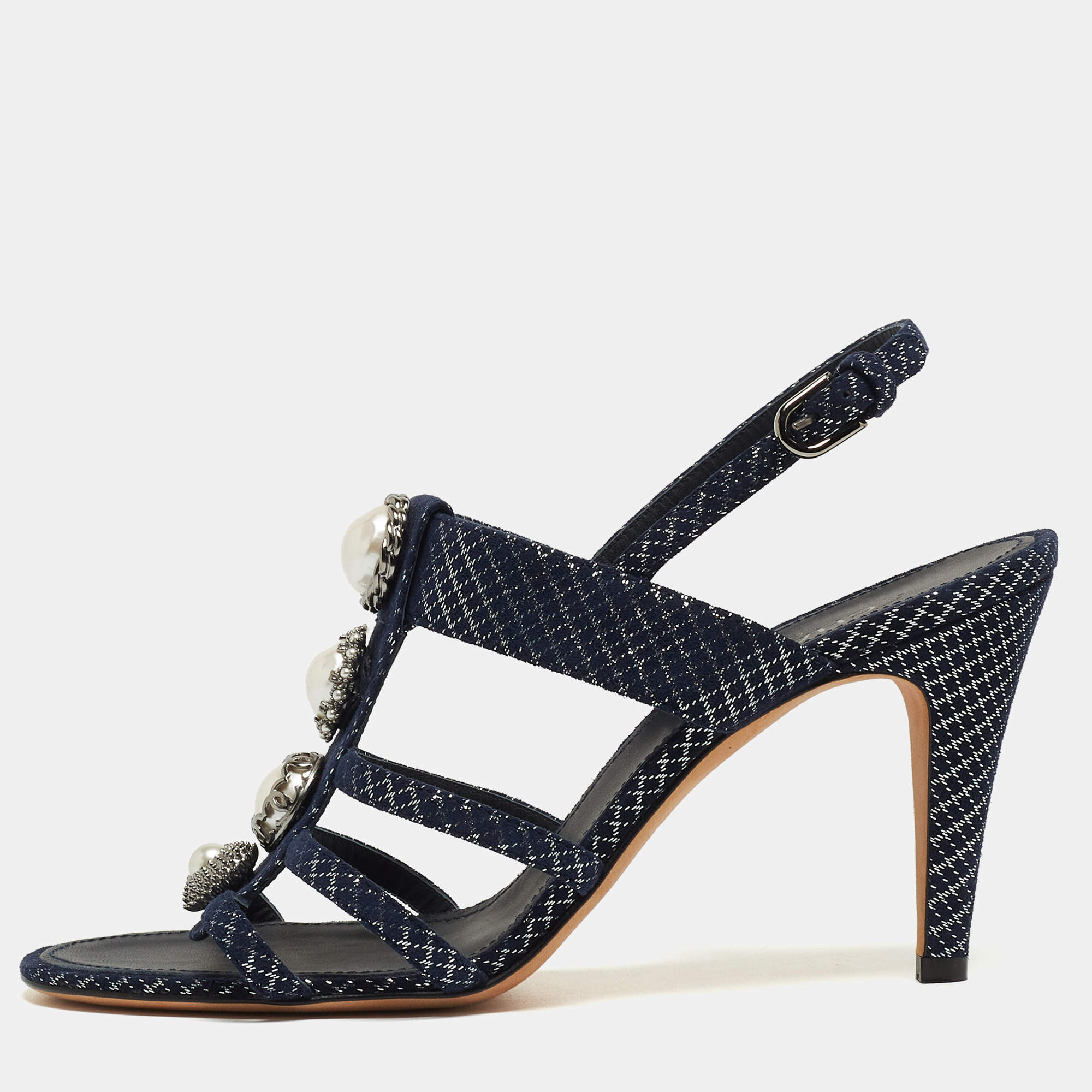 Chanel Navy Blue Textured Suede Faux Pearl Embellished Slingback Sandals Size 38