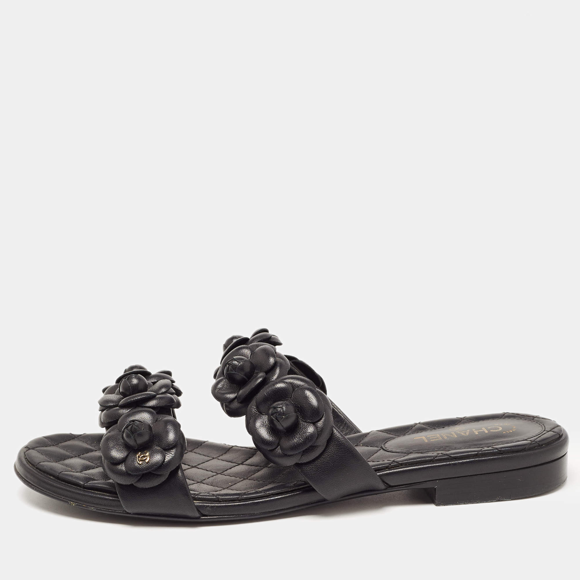 Chanel Black Leather CC Camelia Flat Slides Size 38