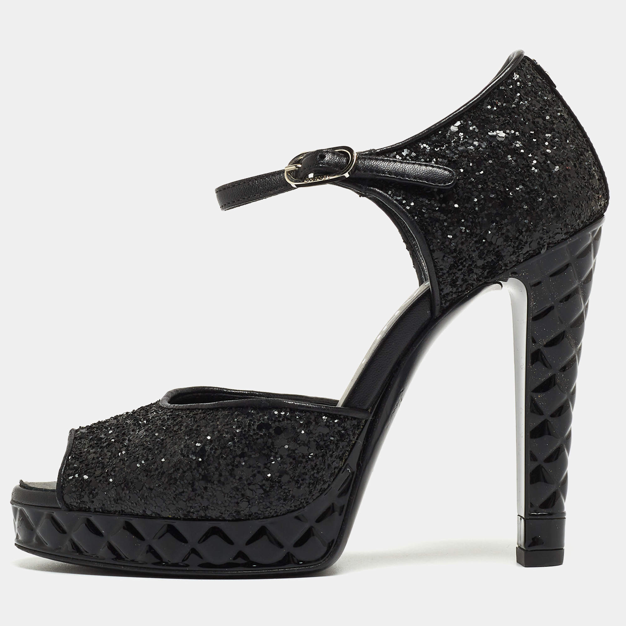 Chanel Black Coarse Glitter CC Platform Ankle Strap Sandals Size 36