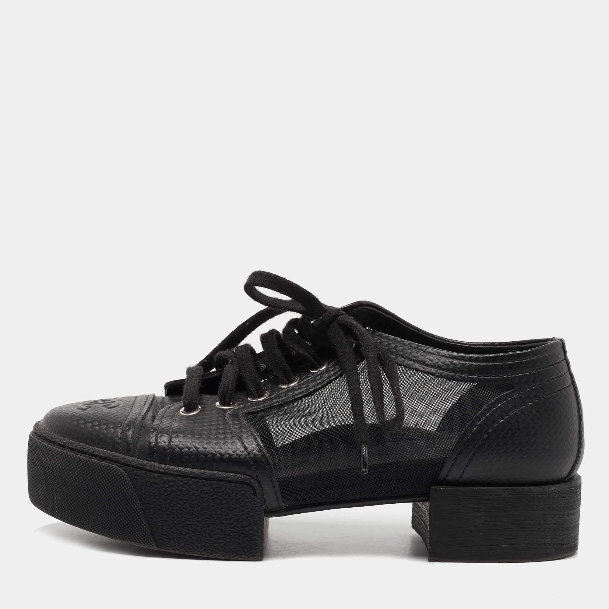 Pre Owned Chanel Black Leather And Mesh Platform Low Top Sneakers Size 37.5