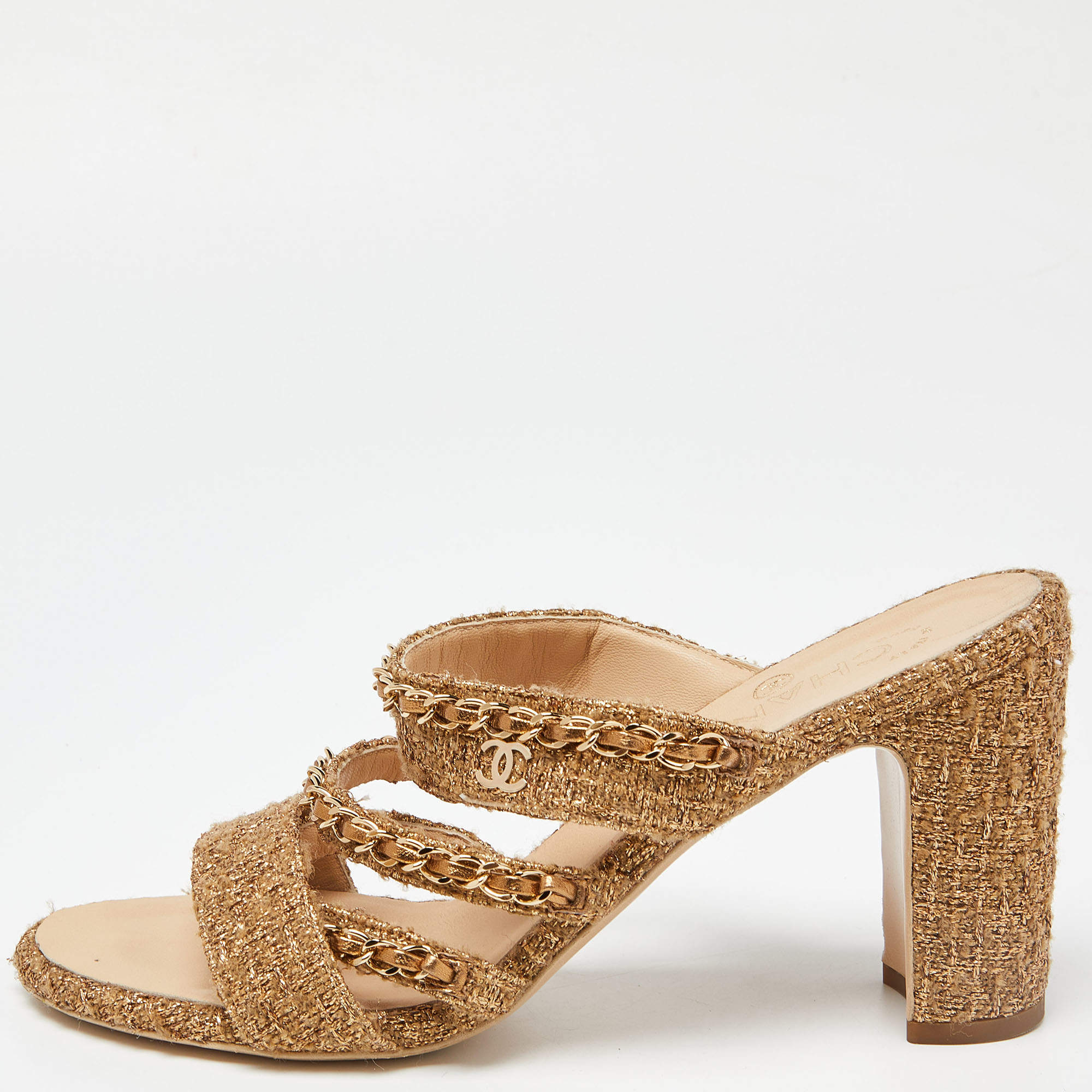 Chanel Gold Tweed Interlocking CC Logo Slide Sandals Size 39