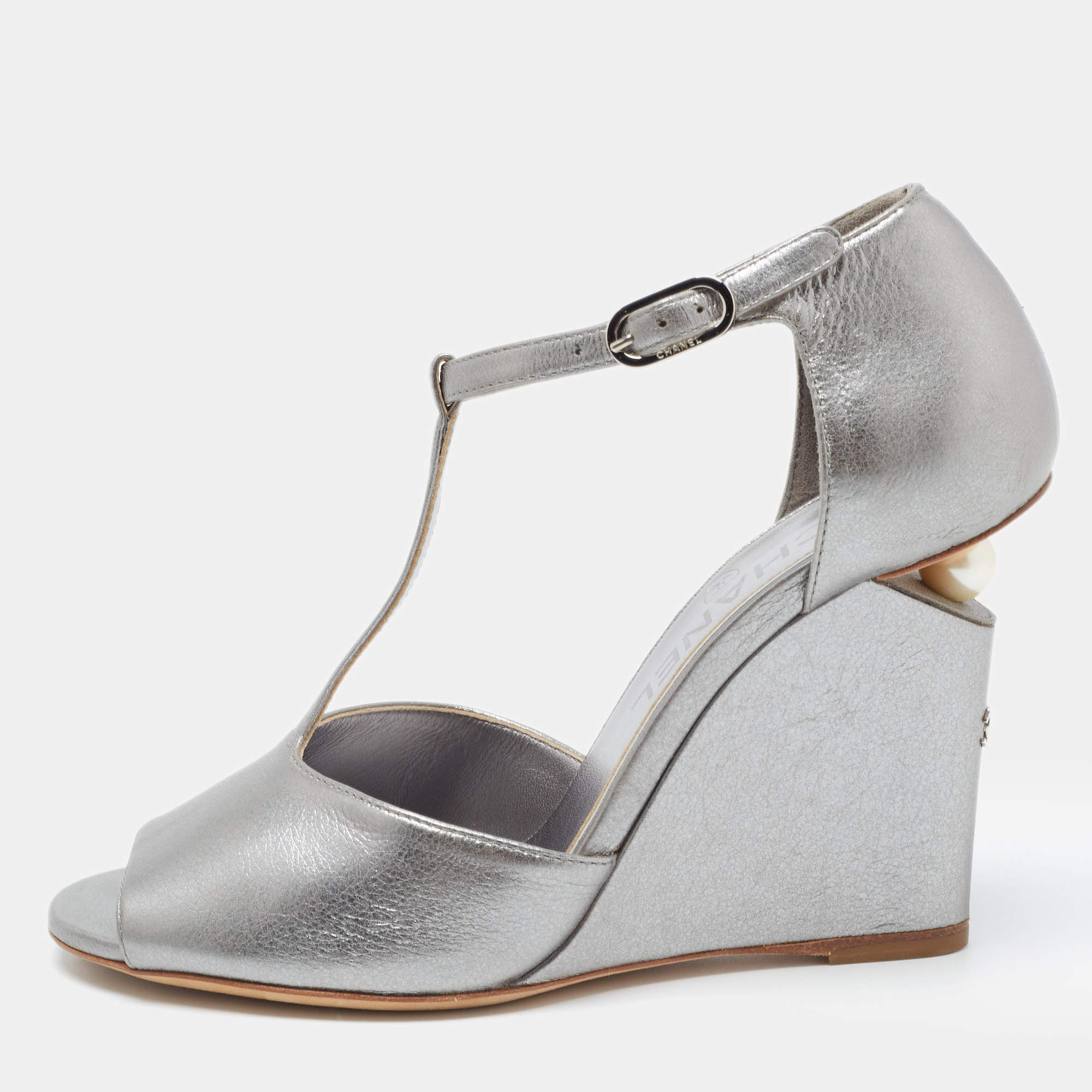 Chanel Metallic Silver Leather Wedge Sandals Size 36.5