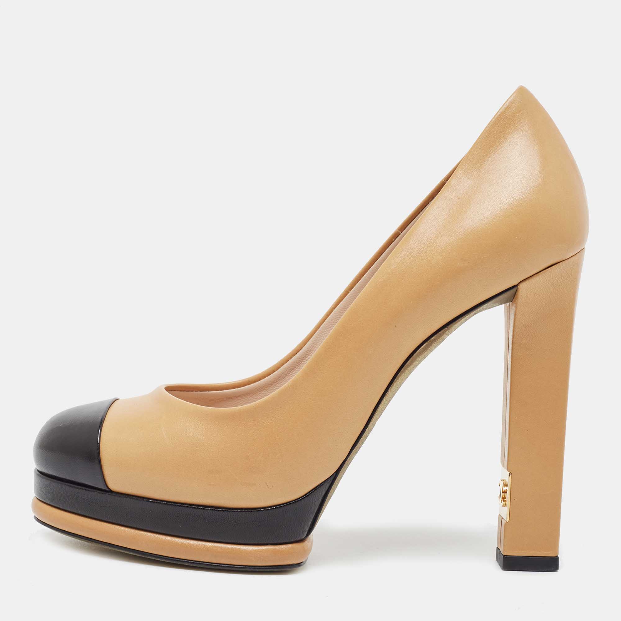 Pre Owned Chanel Beige/Black Leather Cap Toe Platform Pumps Size 36.5
