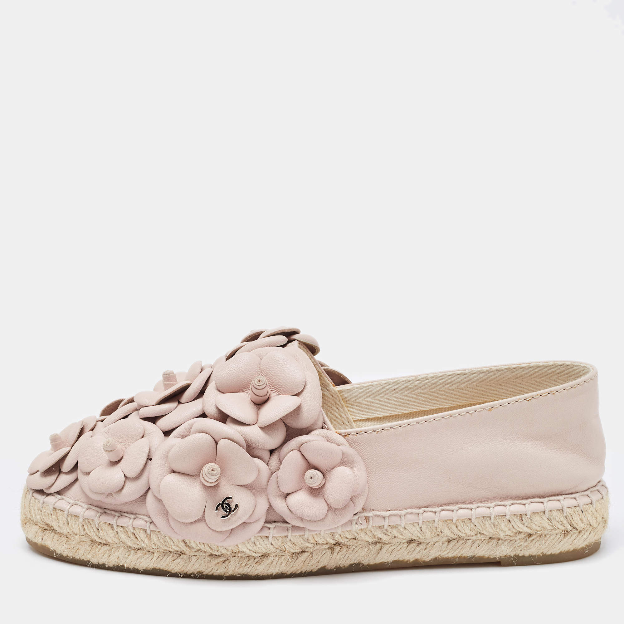 Pre Owned Chanel Dusty Pink Leather CC Camelia Espadrilles Flats Size 36