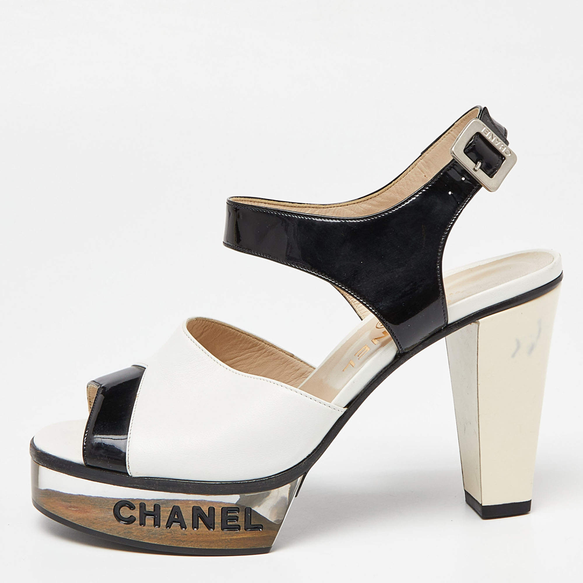 Chanel White/Black Leather and Patent Platform Ankle Strap Sandals Size 37.5