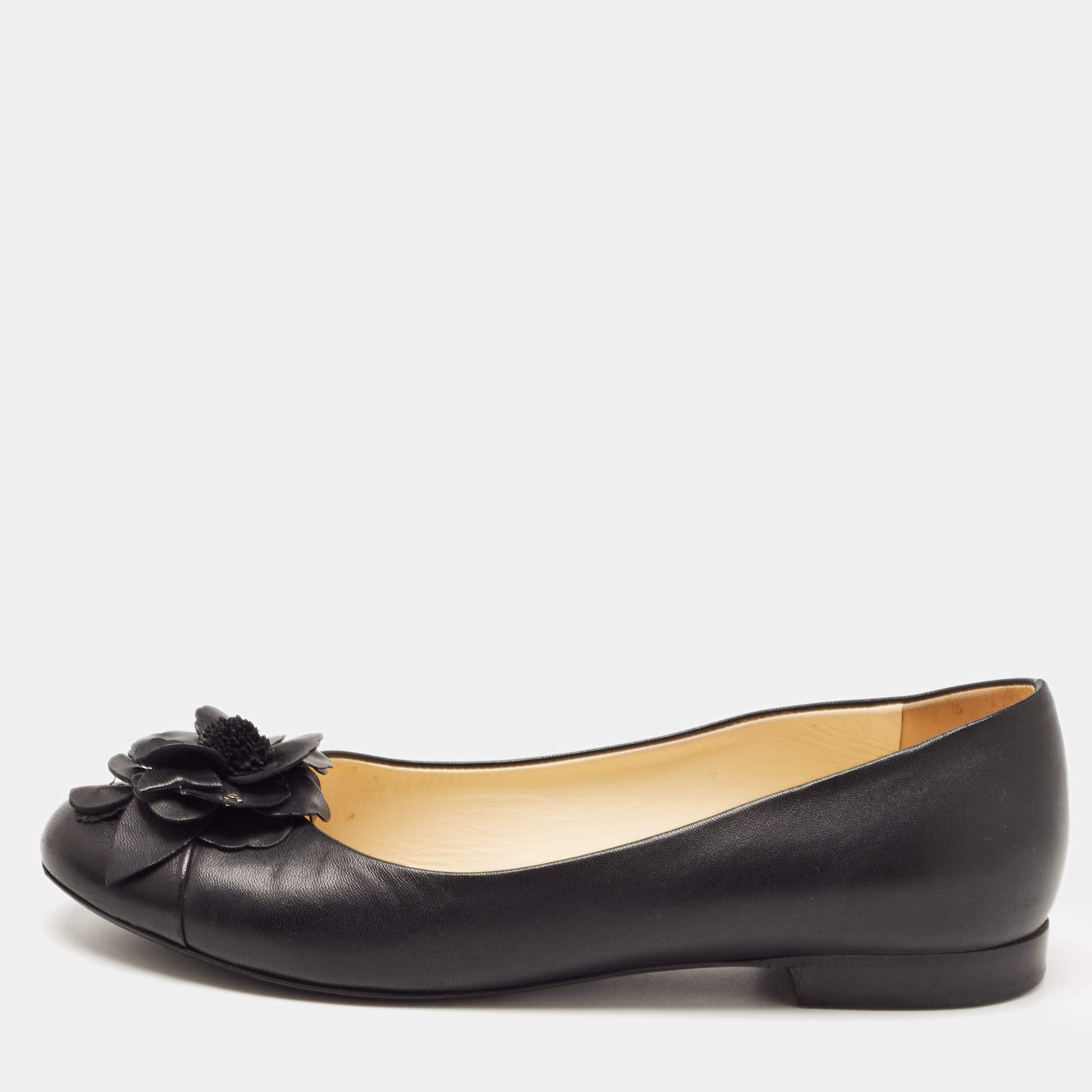 Chanel Black Leather Camelia Ballet Flats Size 37.5