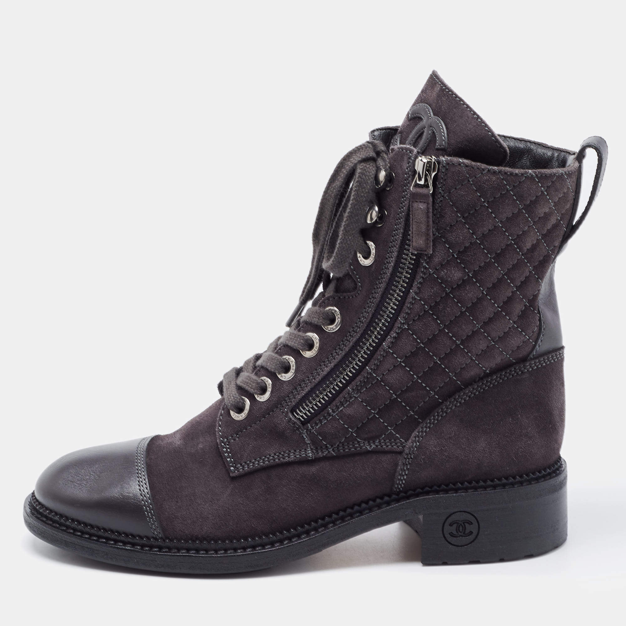 Chanel Dark Grey Quilted Suede and Leather Cap Toe Ankle Boots Size 39.5