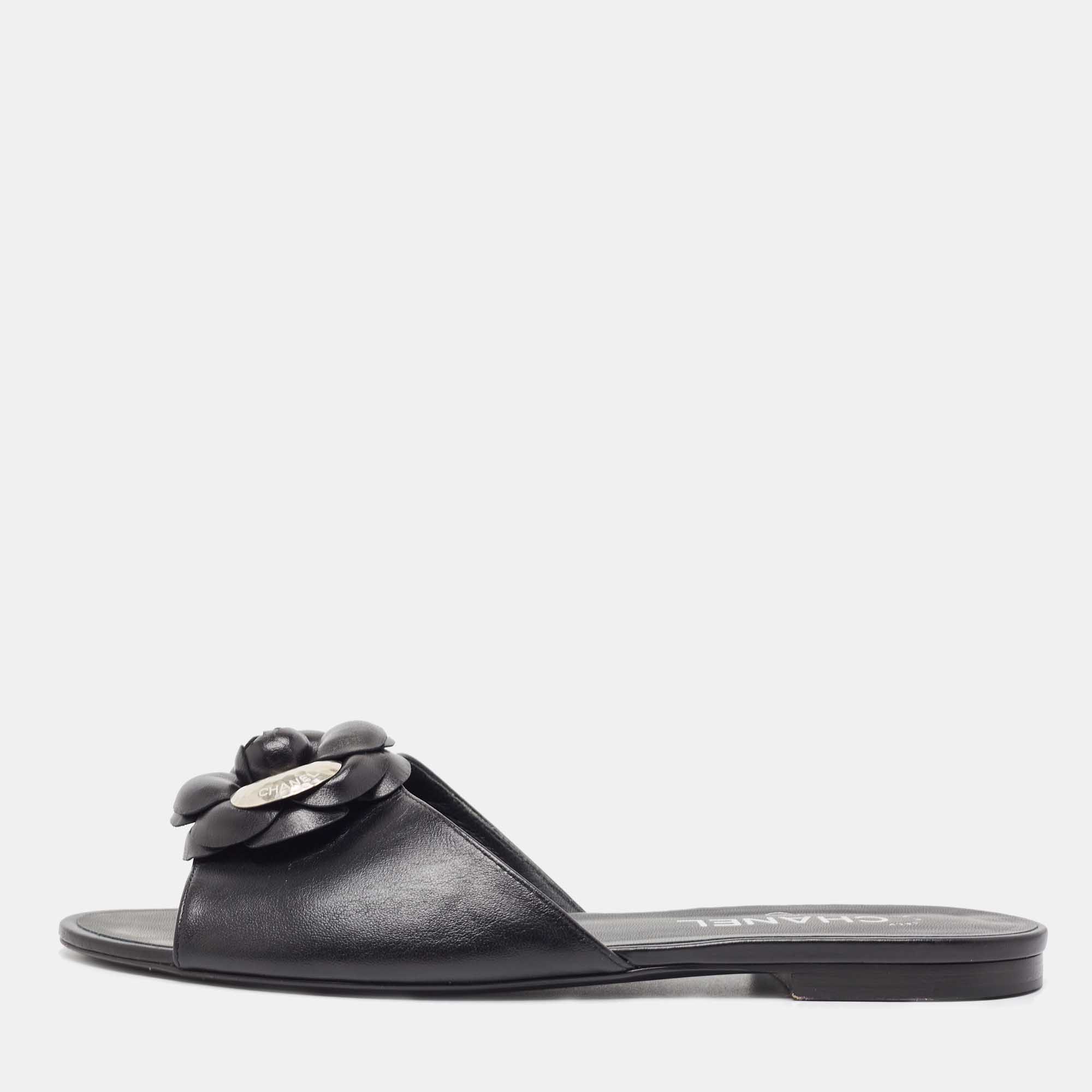 Chanel Black Leather Camelia Flat Slides Size 41