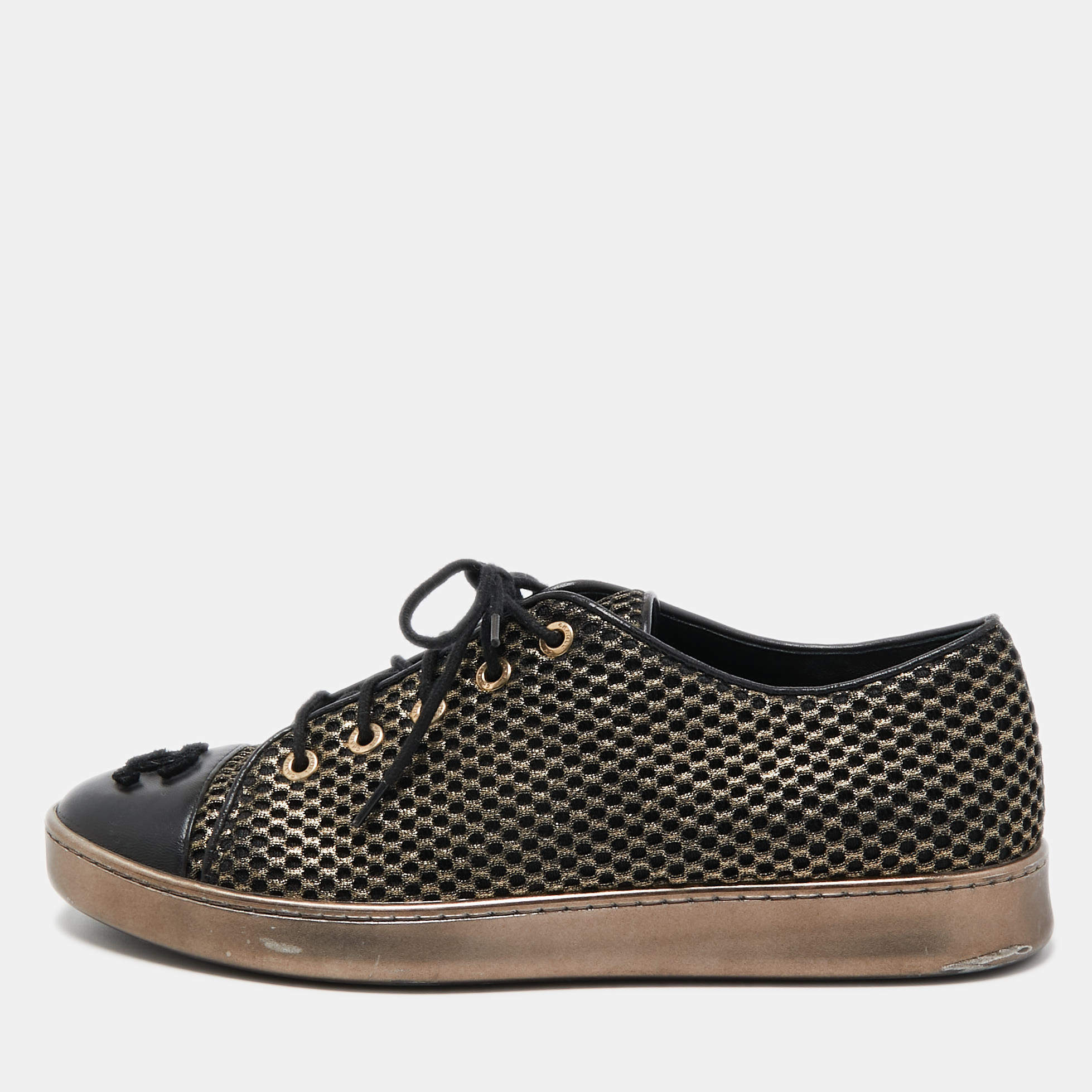 Pre Owned Chanel Gold/Black Leather and Mesh  CC Cap Toe Lace Up Sneakers Size 37.5