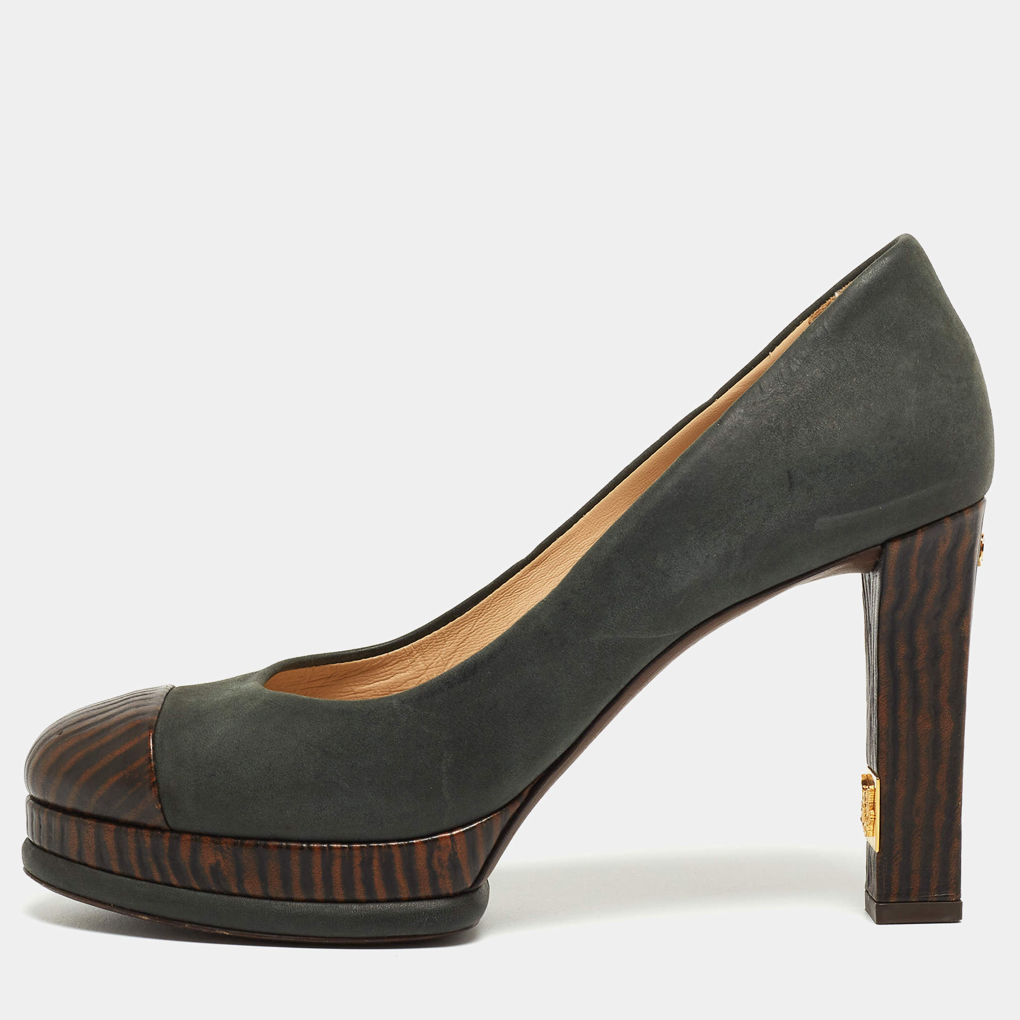Pre Owned Chanel Grey/Brown Nubuck and Textured Leather Platform Pumps Size 39.5