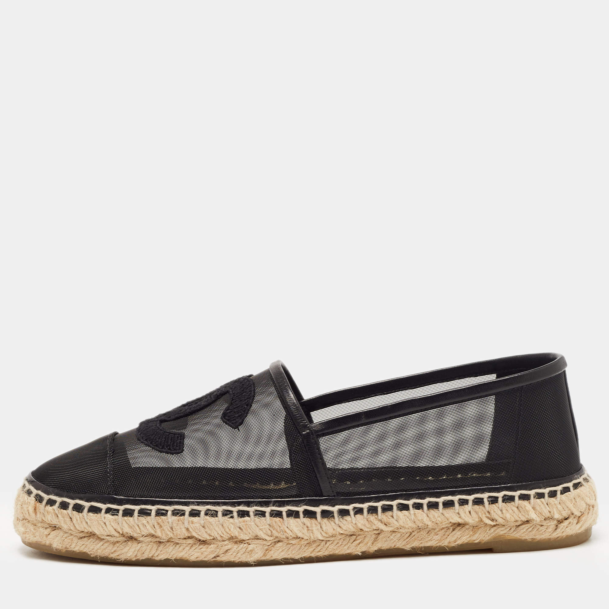 Chanel Black Mesh and Leather CC Espadrille Flats Size 39