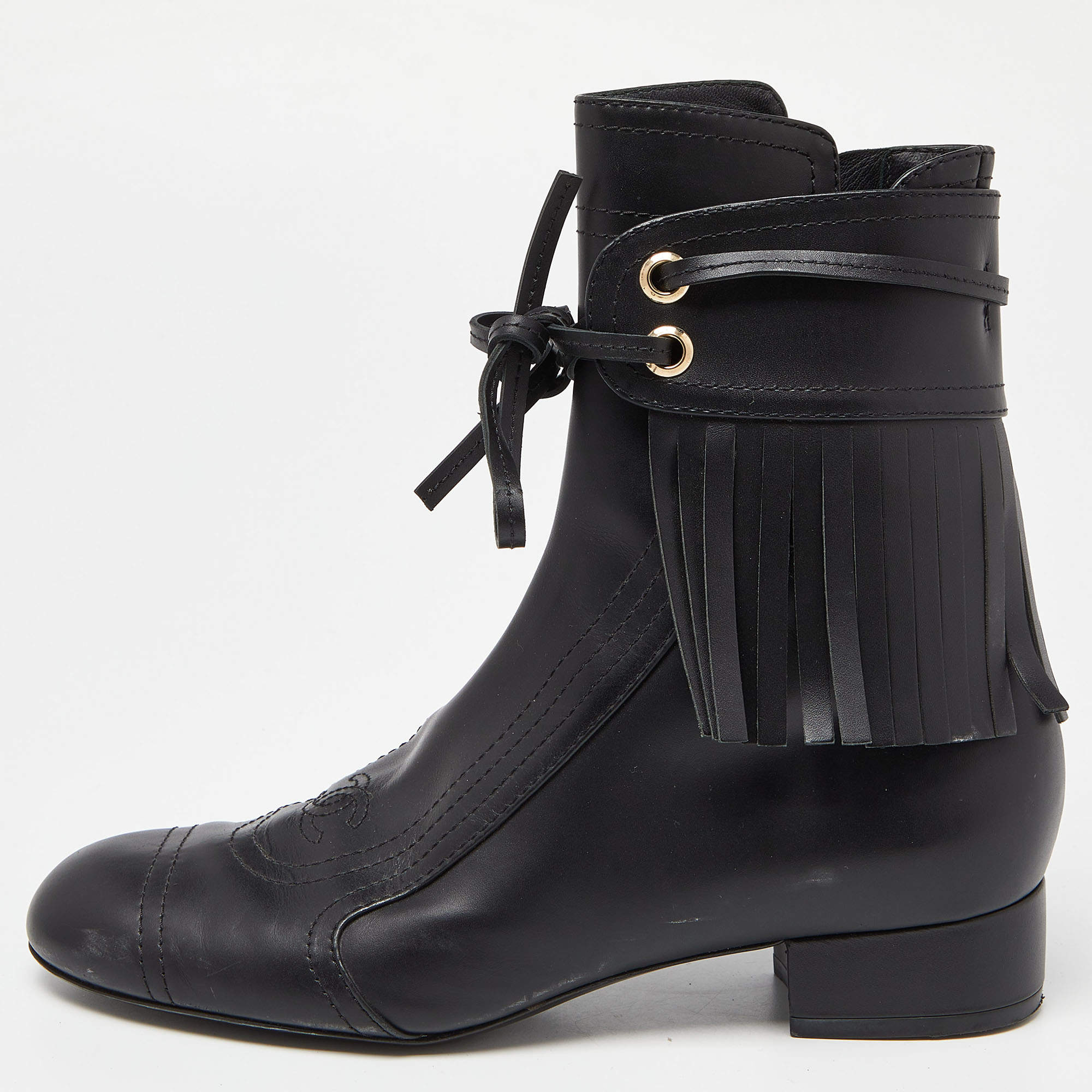 Chanel Black Leather Fringe Double Zip CC Boots Size 37.5