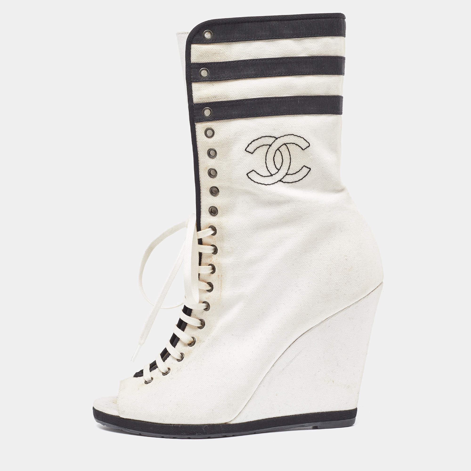 Chanel White/Black Canvas CC Wedge Peep Toe Mid Calf Boots Size 39