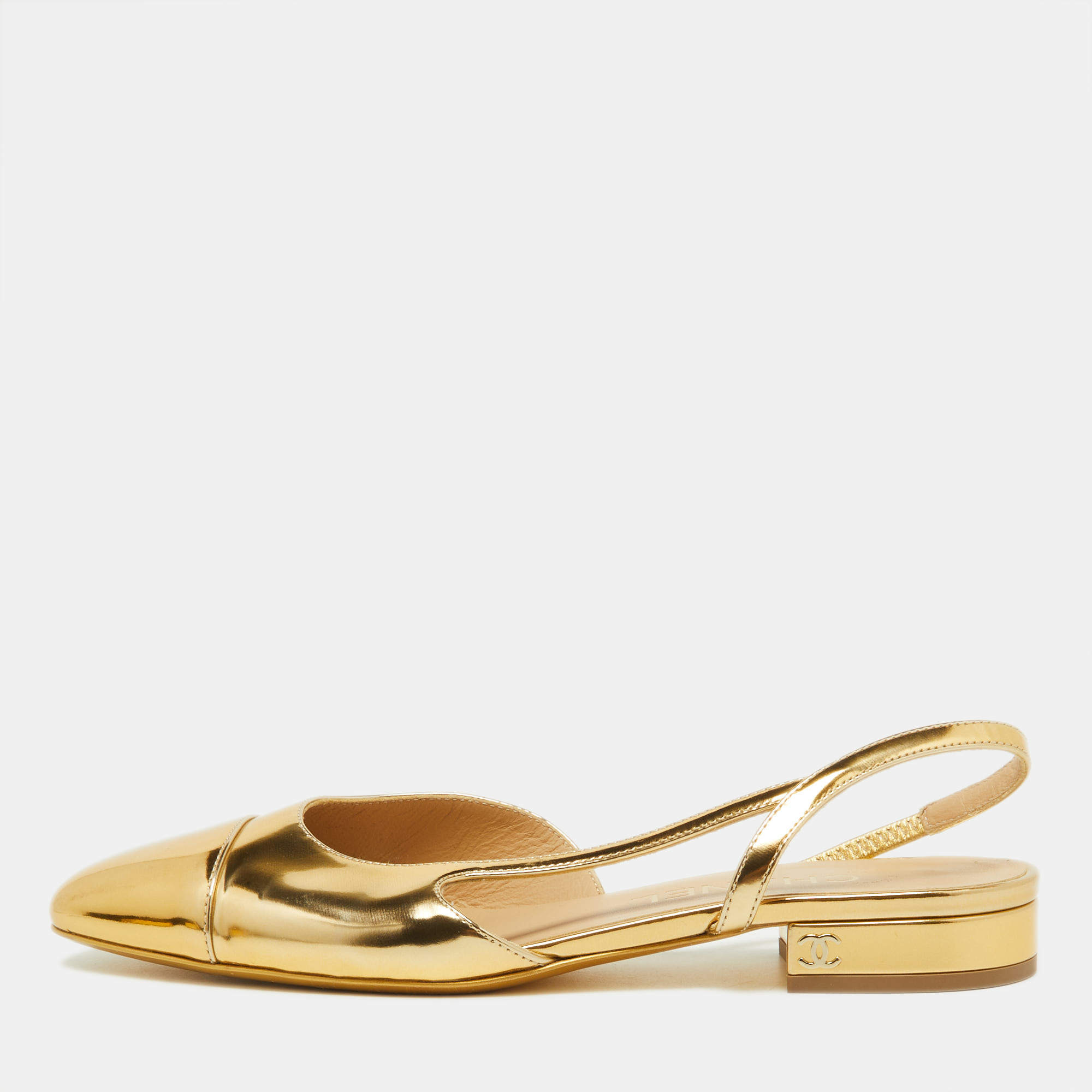 Chanel Gold Patent Leather CC Cap Toe Slingback Pumps Size 37