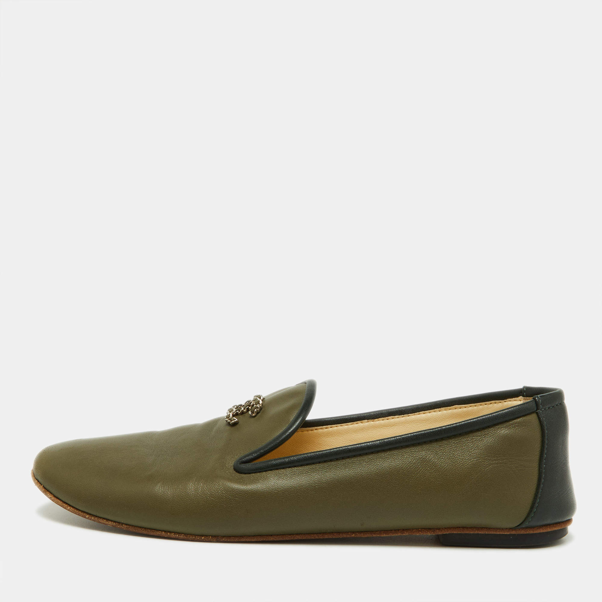 Pre Owned Chanel Khaki Green/Black Leather CC Smoking Slippers Size 37