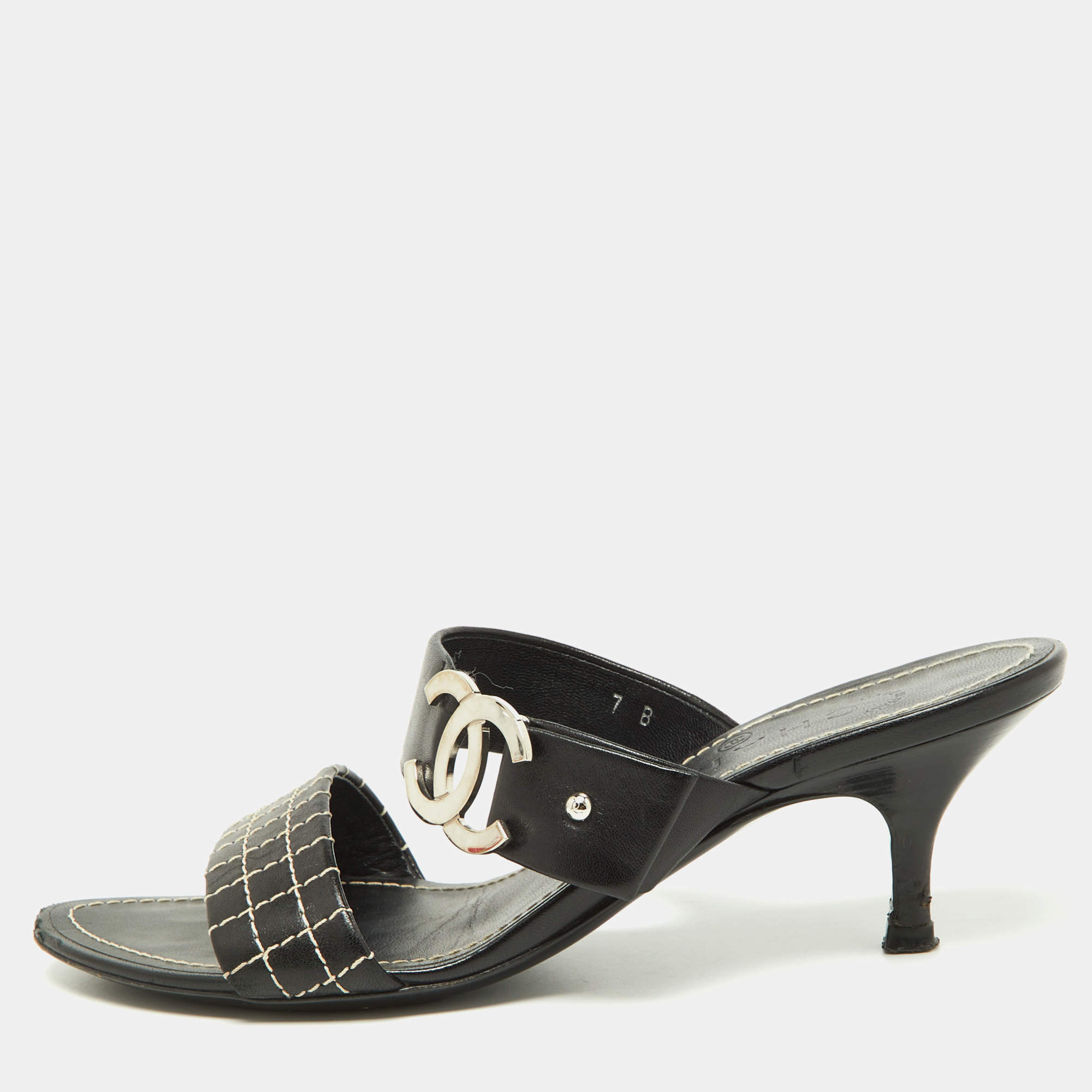 Chanel Black Cube Quilted Leather CC Slide Sandals 37