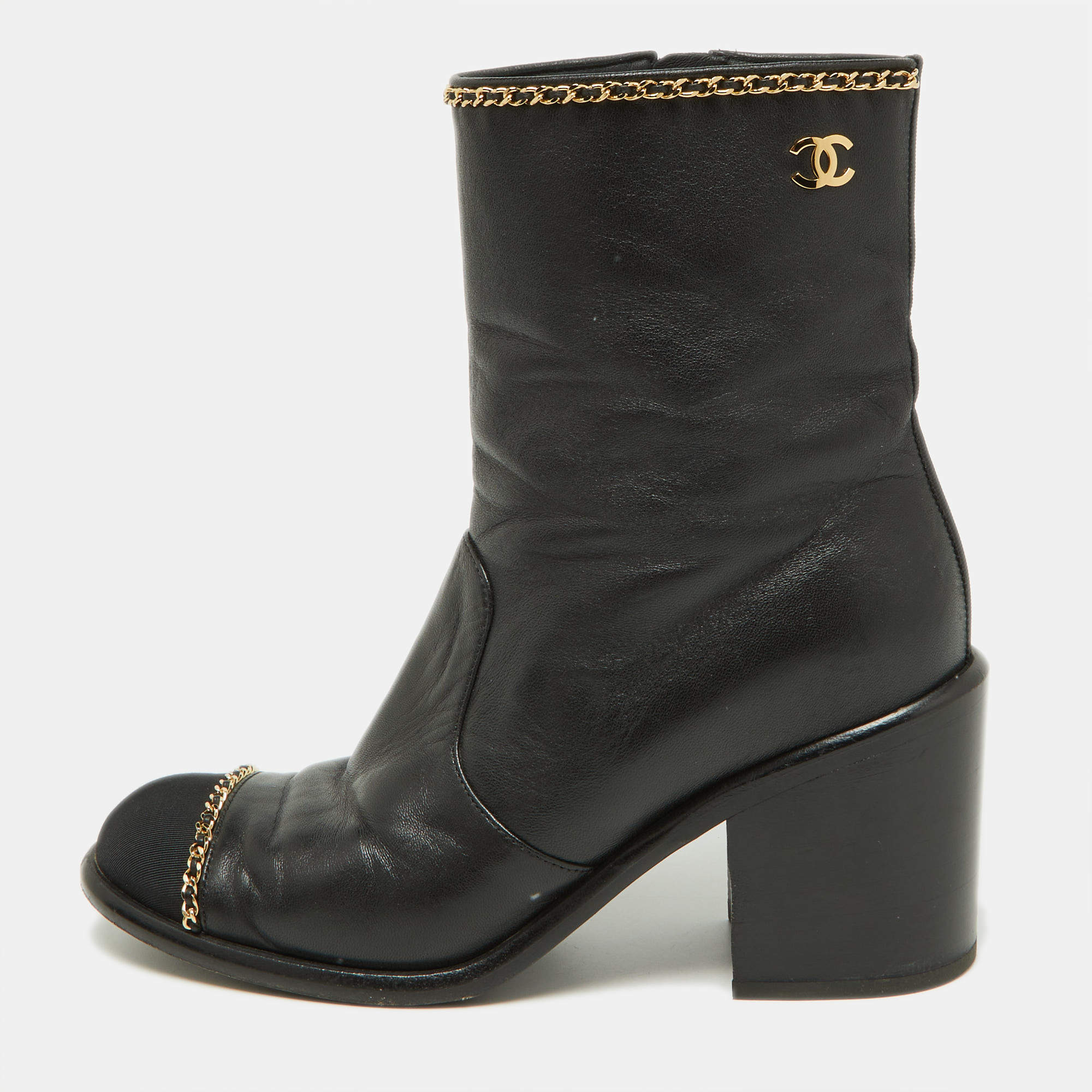 Chanel Black Leather Chain Detail Ankle Boots Size 36.5