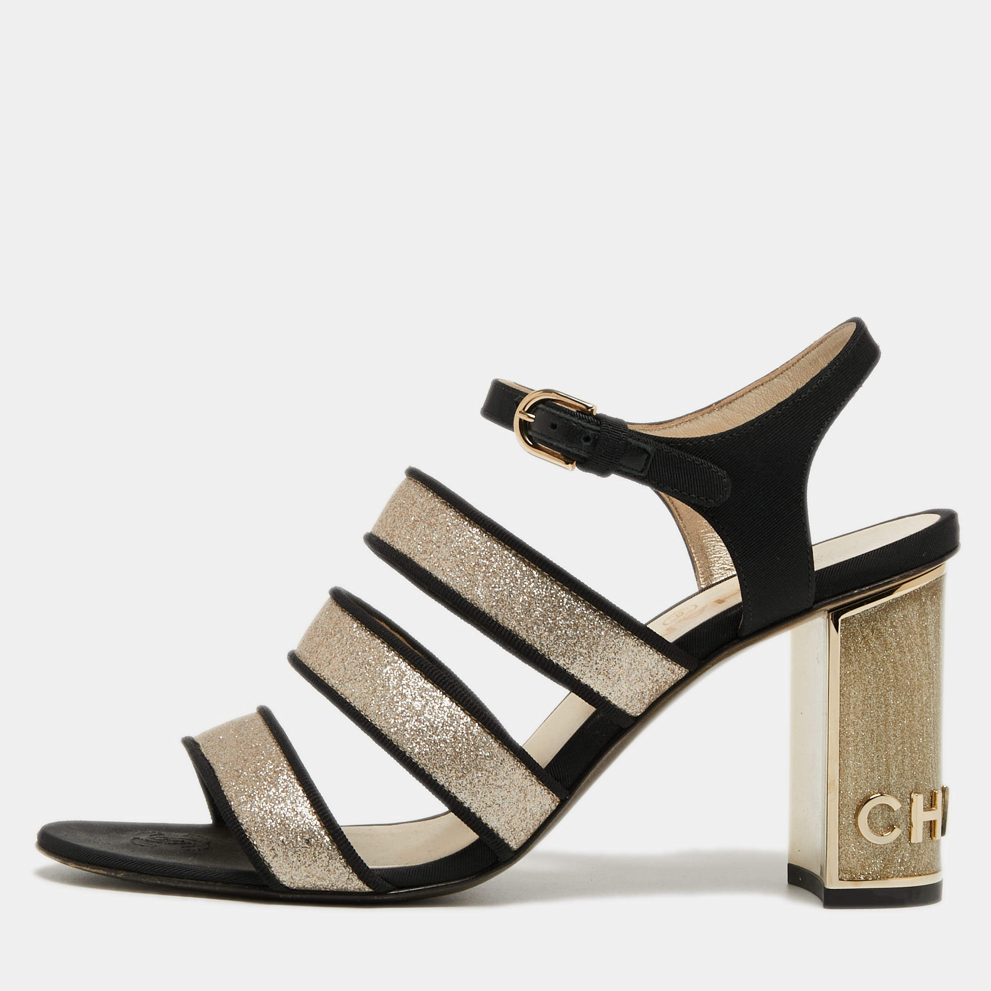 Chanel Gold/Black Glitter and Fabric Ankle Strap Sandals Size 38.5