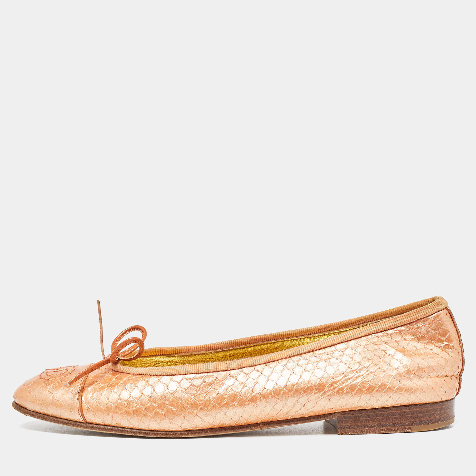 Pre Owned Chanel Pearl Orange Python CC Bow Ballet Flats Size 36.5