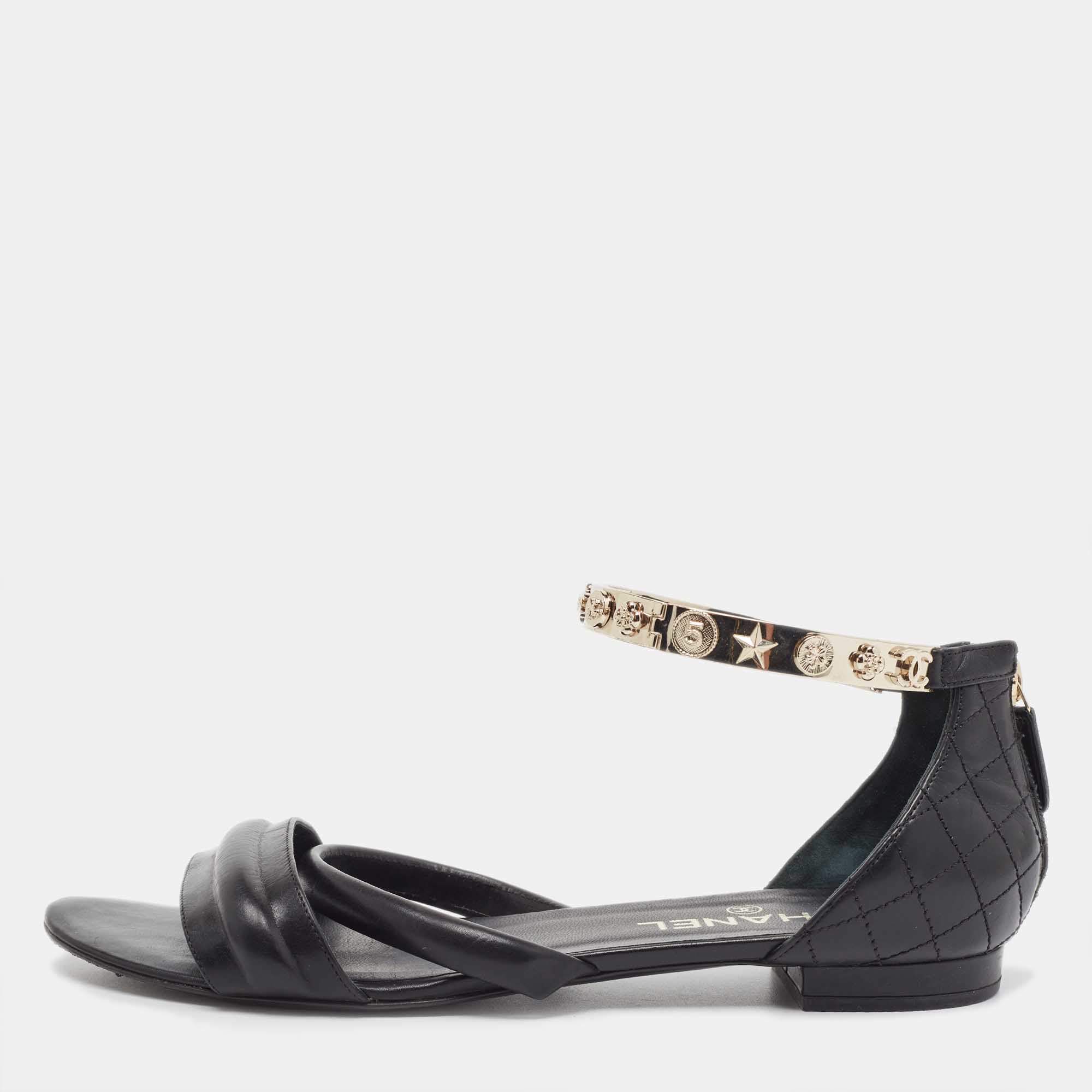 Chanel Black Leather Charm Embellished Ankle Strap Flat Sandals Size 41