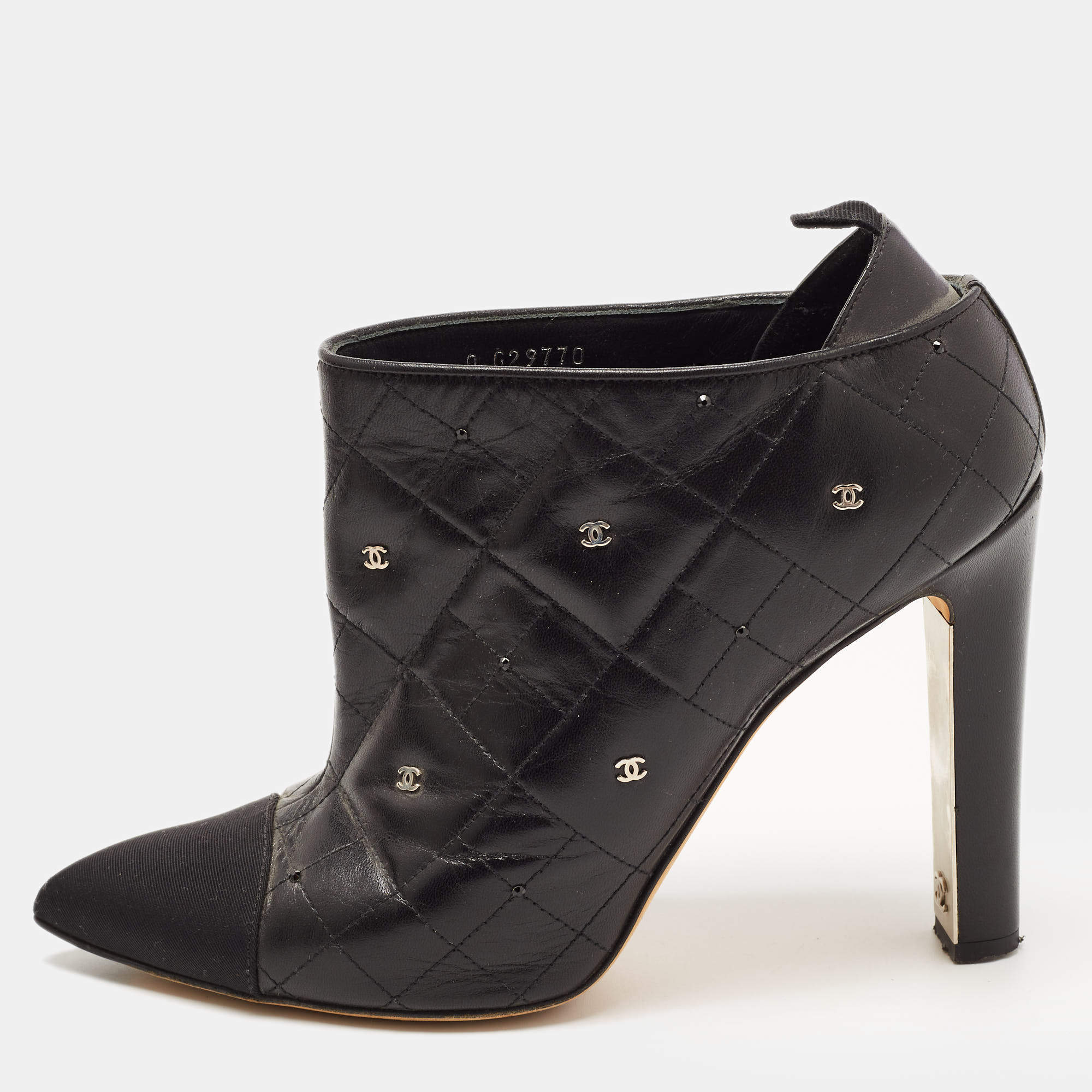 Chanel Black Leather Quilted Leather CC and Crystal Embellished Booties Size 39