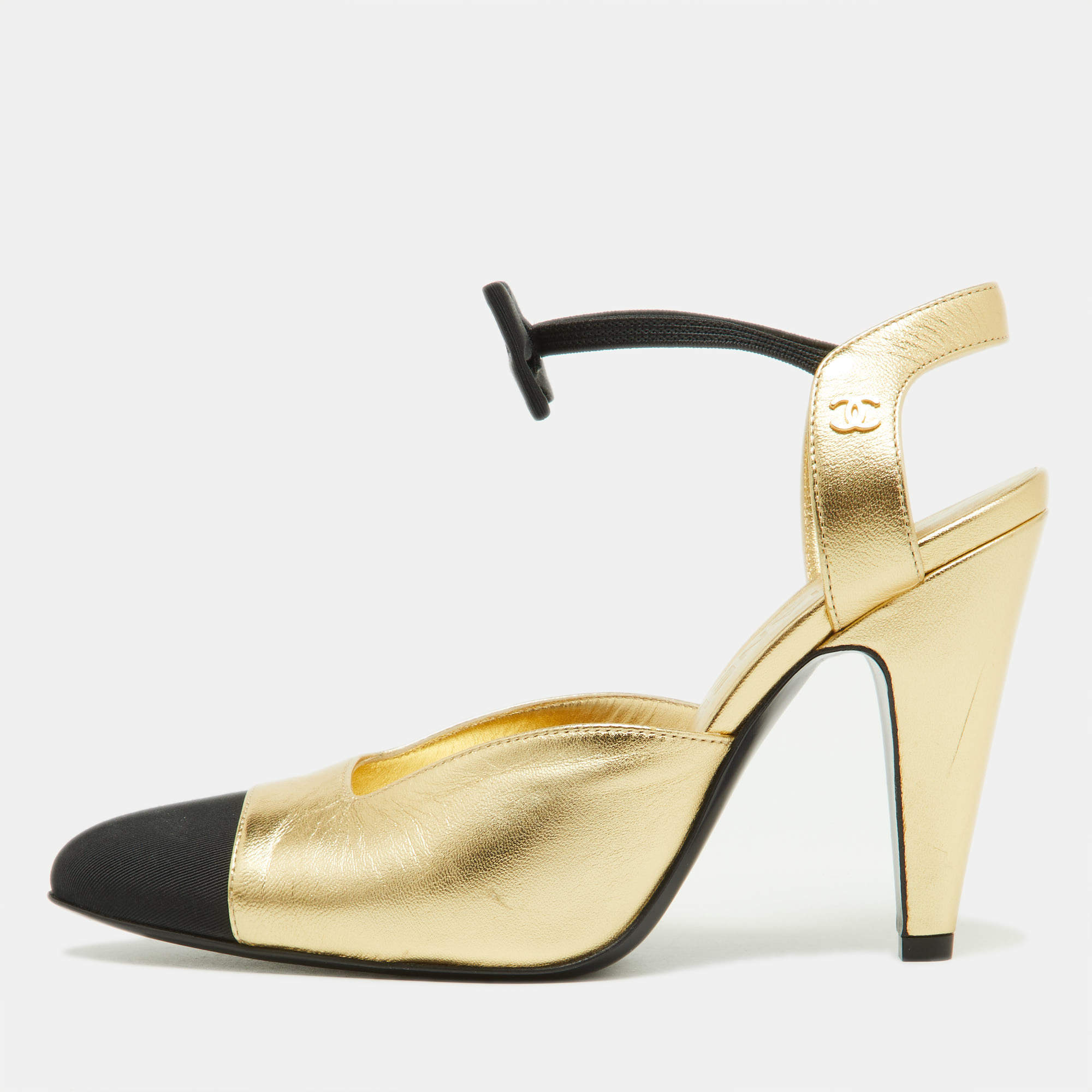 Chanel Gold/Black Leather Cap Toe Slingback Sandals Size 36.5