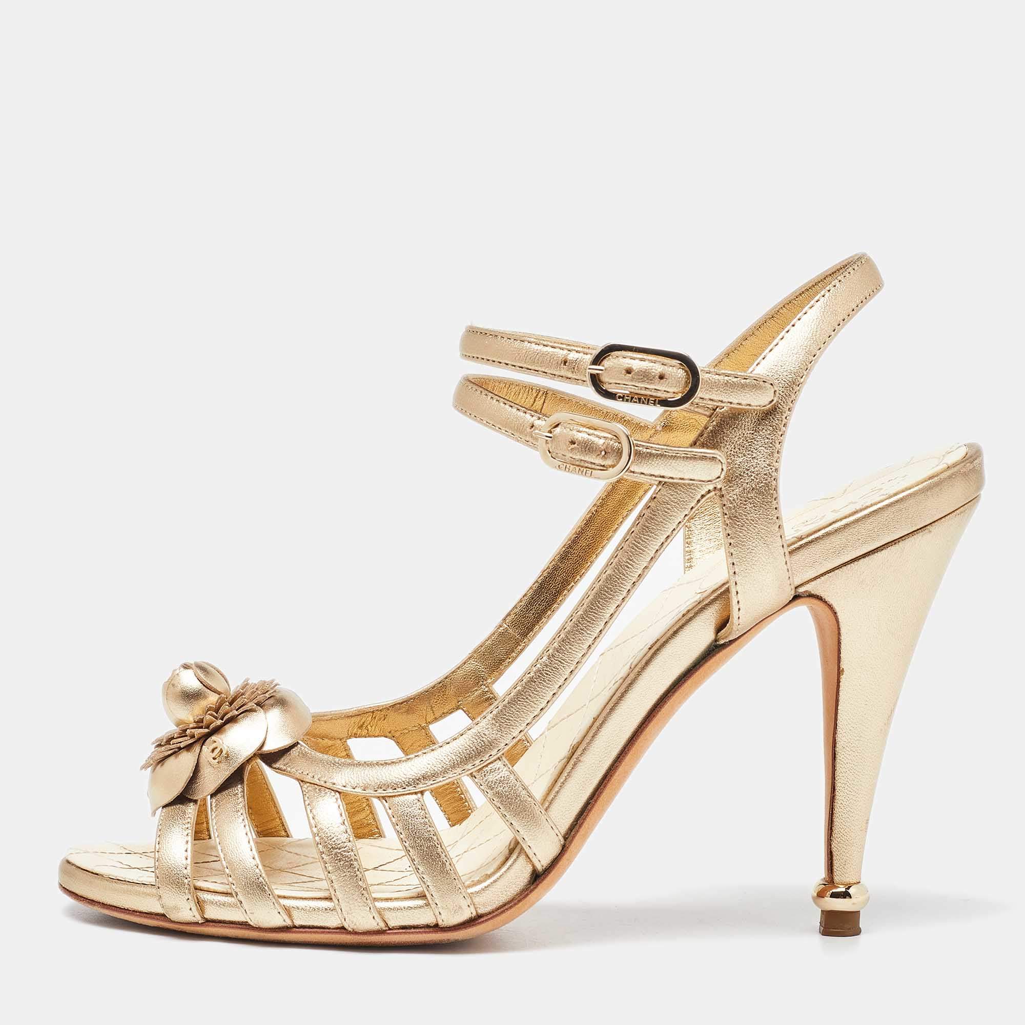 Chanel Metallic Gold Leather Camellia Ankle Strap Sandals Size 39.5