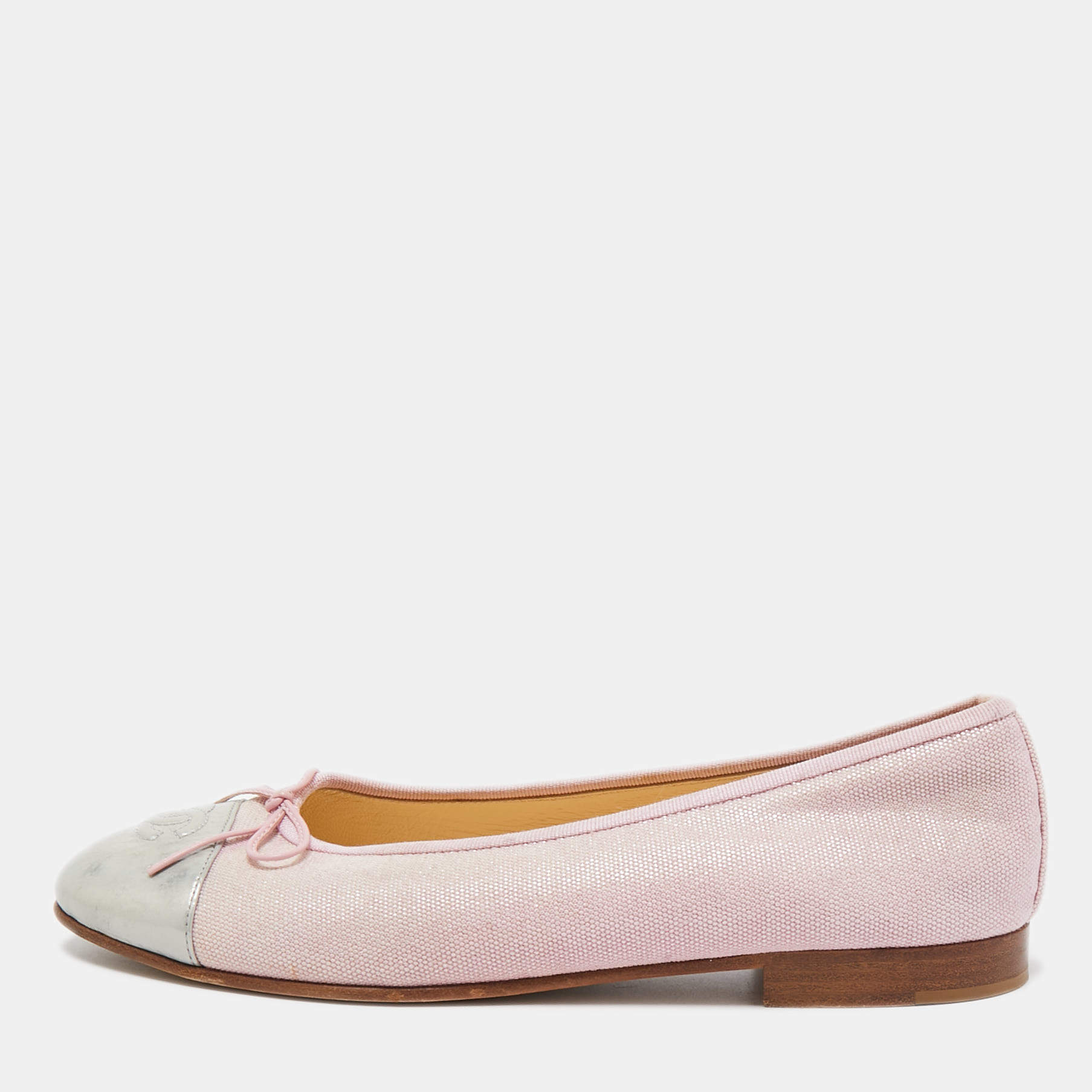 Chanel Pink/Silver Canvas and Leather CC Cap Toe Bow Ballet Flats Size 39