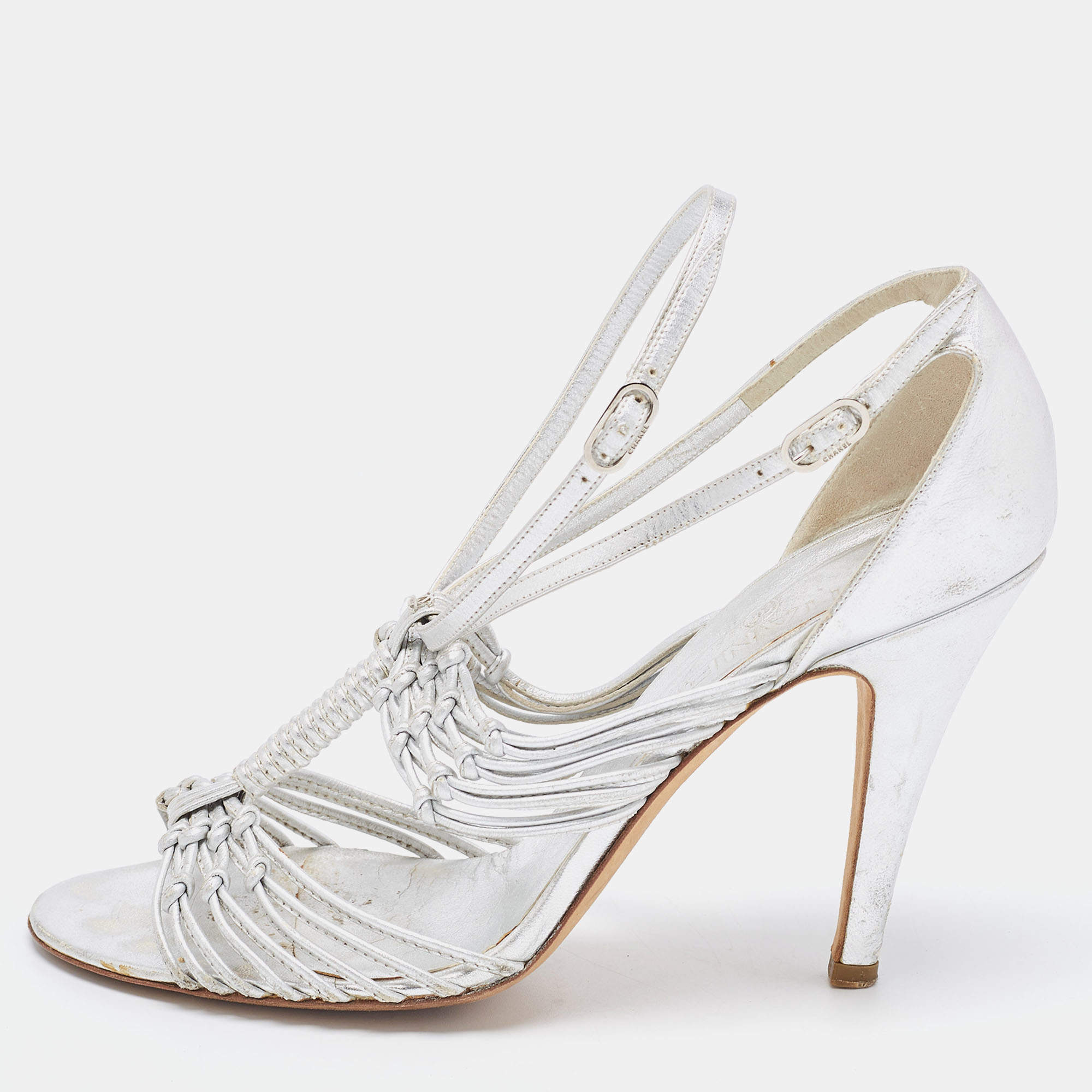 Pre Owned Chanel Silver Knotted Leather CC Ankle Strap Sandals 38.5 