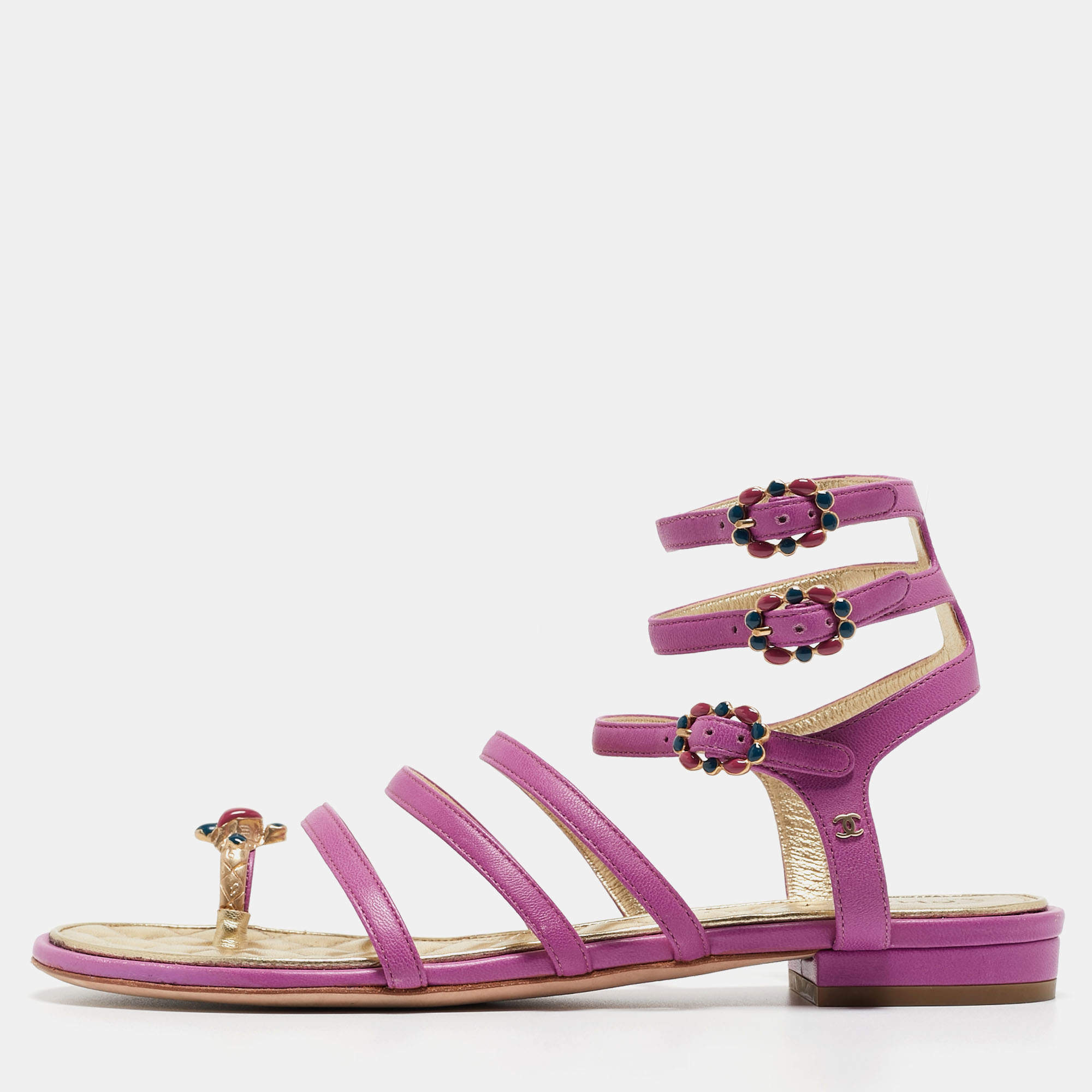 Pre Owned Chanel Purple Leather Embellished Toe Ring Ankle Strap Flat Sandals Size 36.5