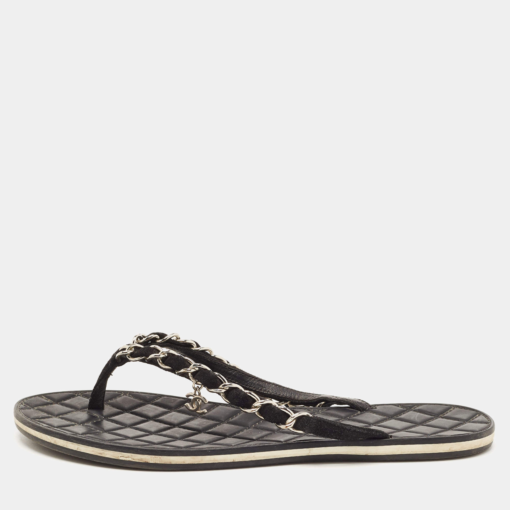 Pre Owned Chanel Black Suede Chain Detail Thong Flat Slides Size 37.5