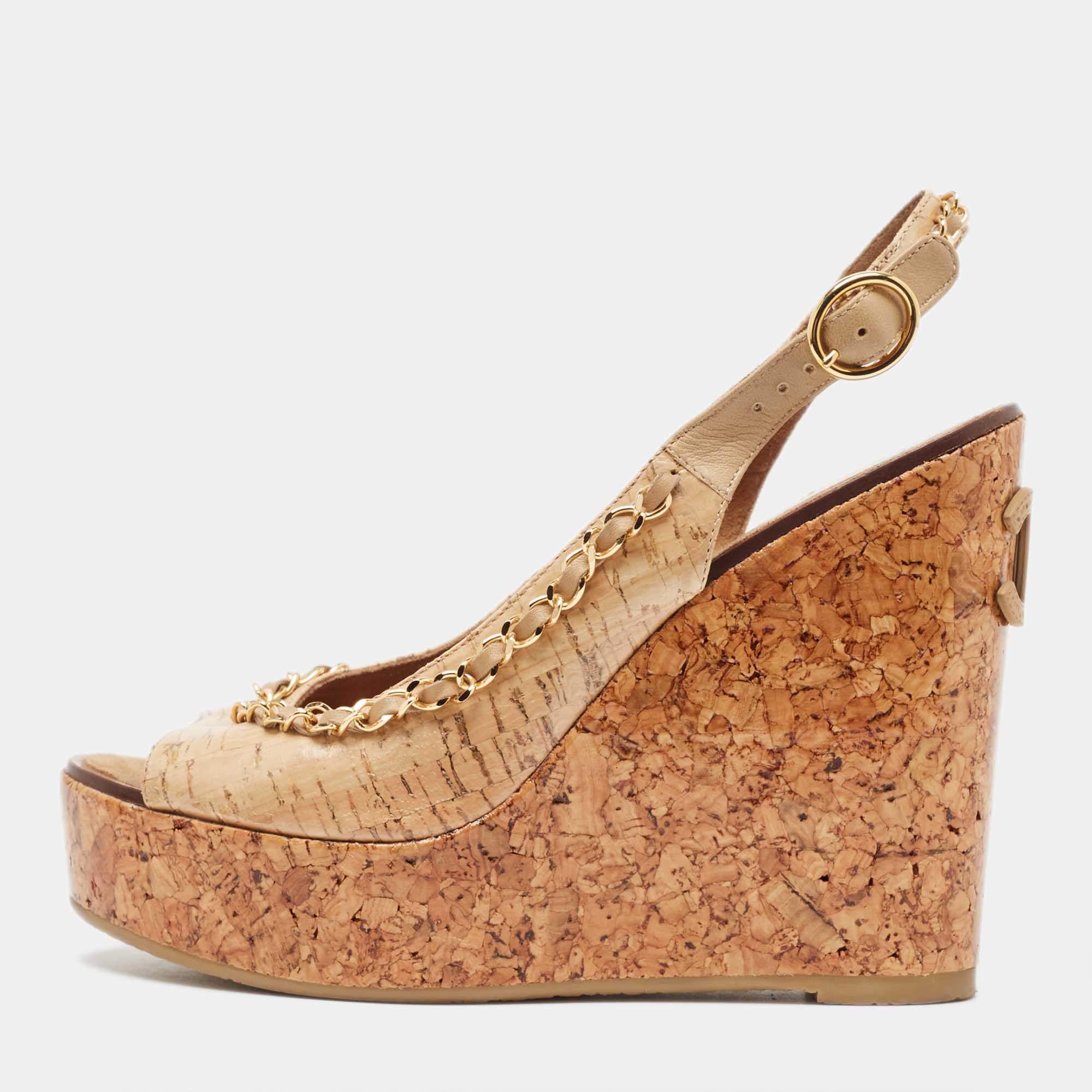 Chanel Beige Leather Chain Detail Cork Wedge Platform Sandals Size 38