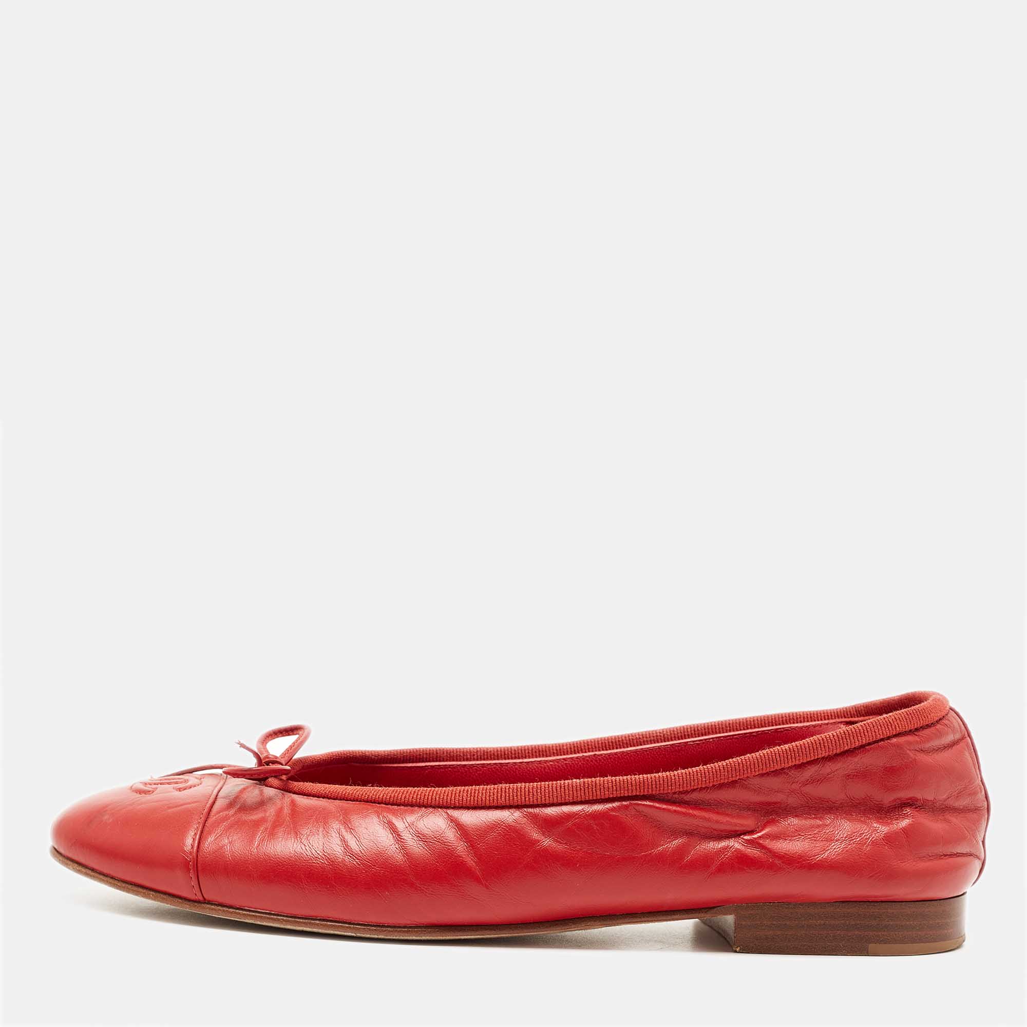 Chanel Red Leather CC Bow Ballet Flats Size 38.5