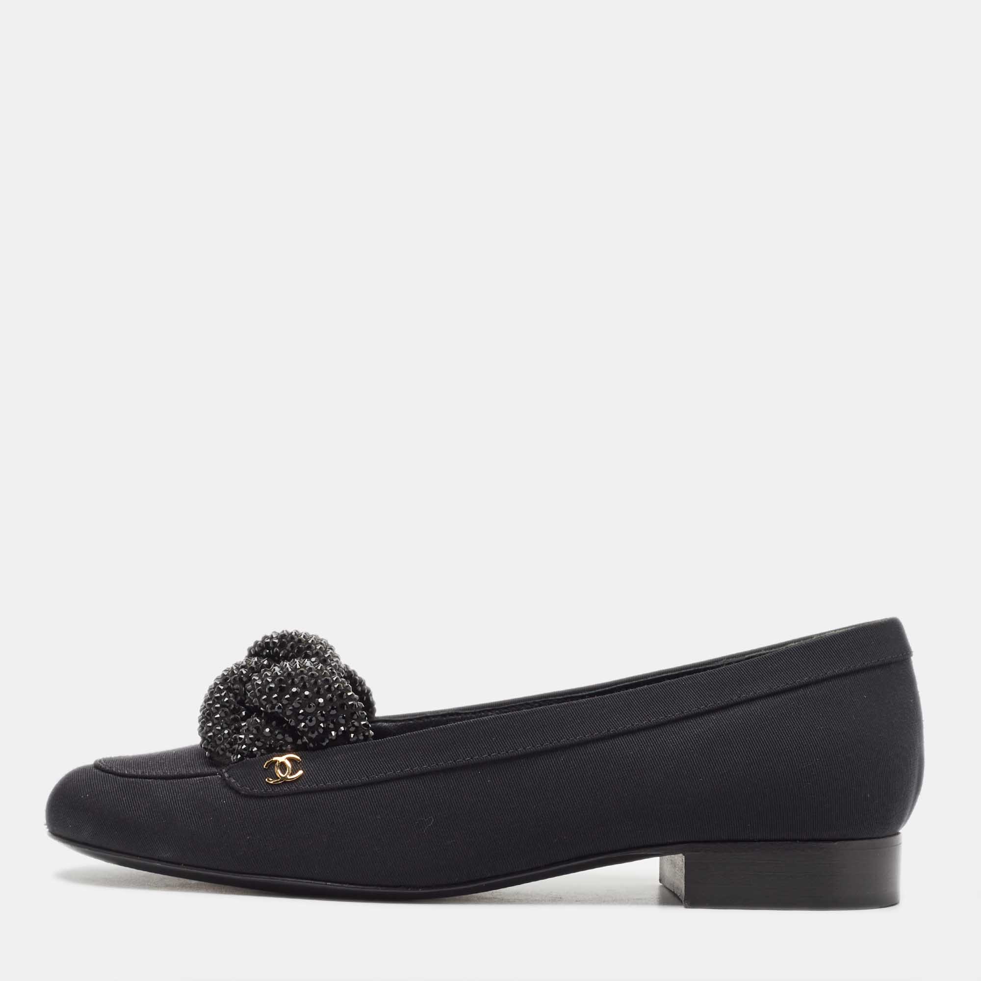 Chanel Black Fabric CC Crystal Embellished Loafers Size 37
