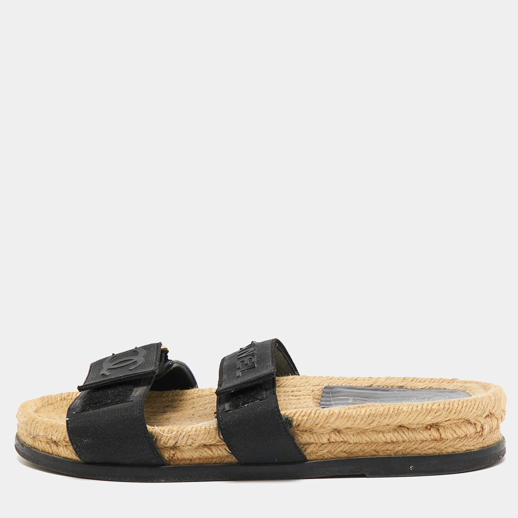 Chanel Black Leather And Canvas CC Velcro Espadrille Flat Sandals Size 37