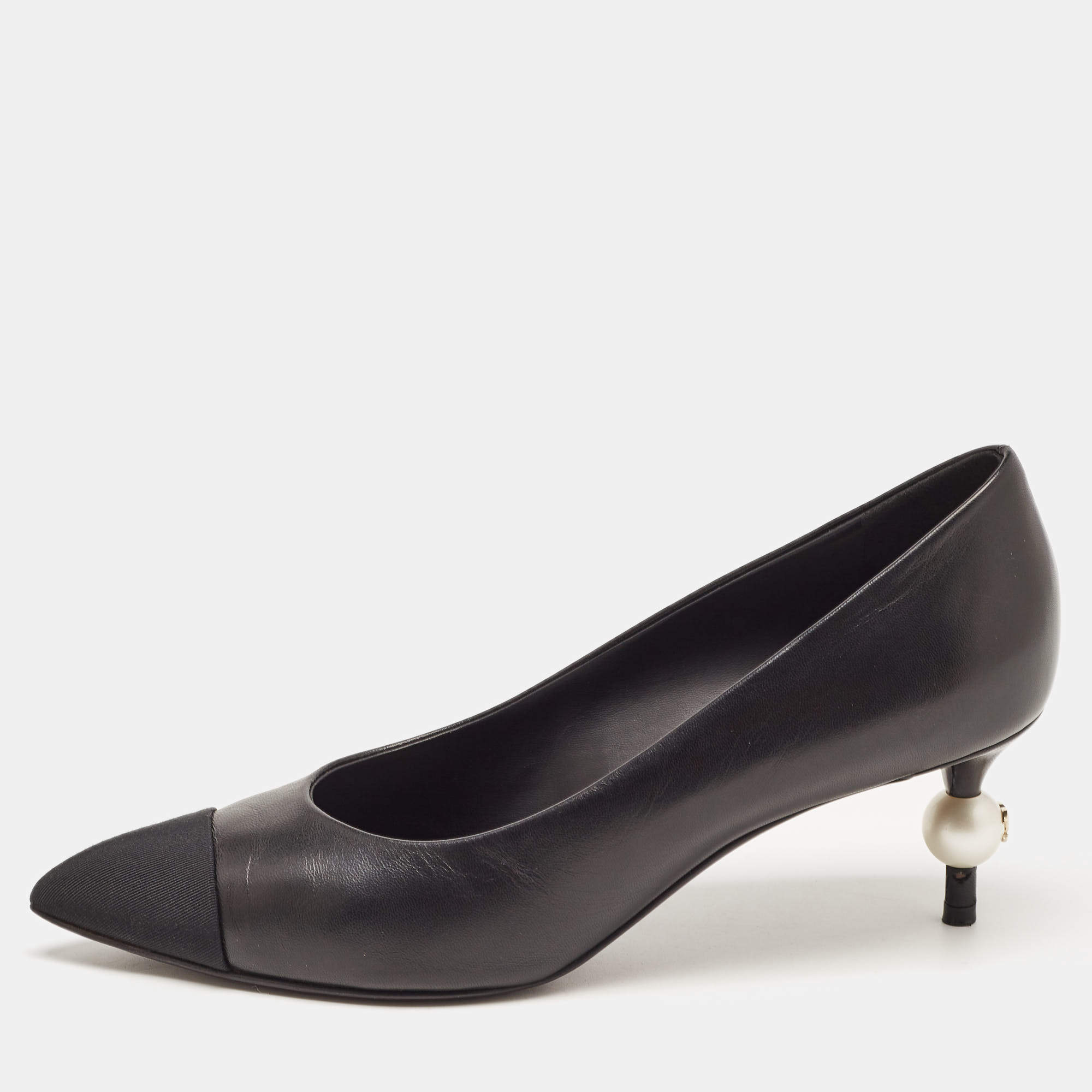 Chanel Black Leather and Canvas CC Pointed Toe Pumps Size 36