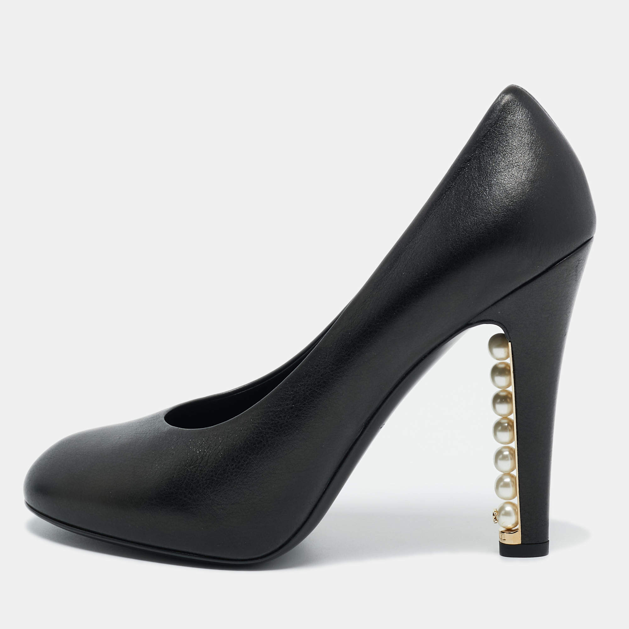 Pre Owned Chanel Black Leather CC Pearl Embellished Heel Pumps Size 39