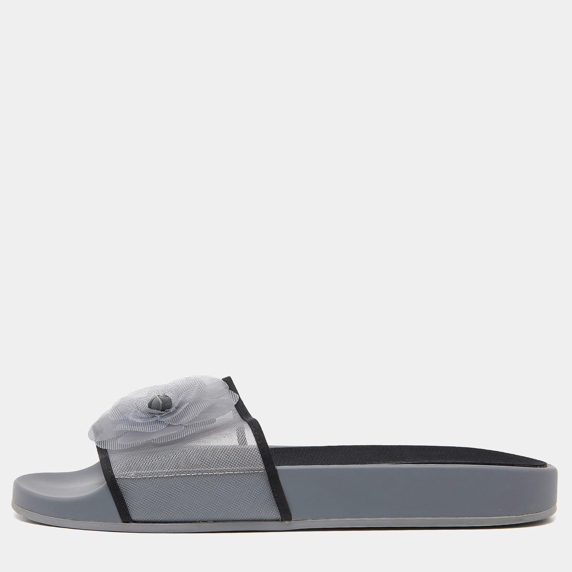 Chanel Grey/Black Mesh Camellia Slide Flat Sandals Size 39