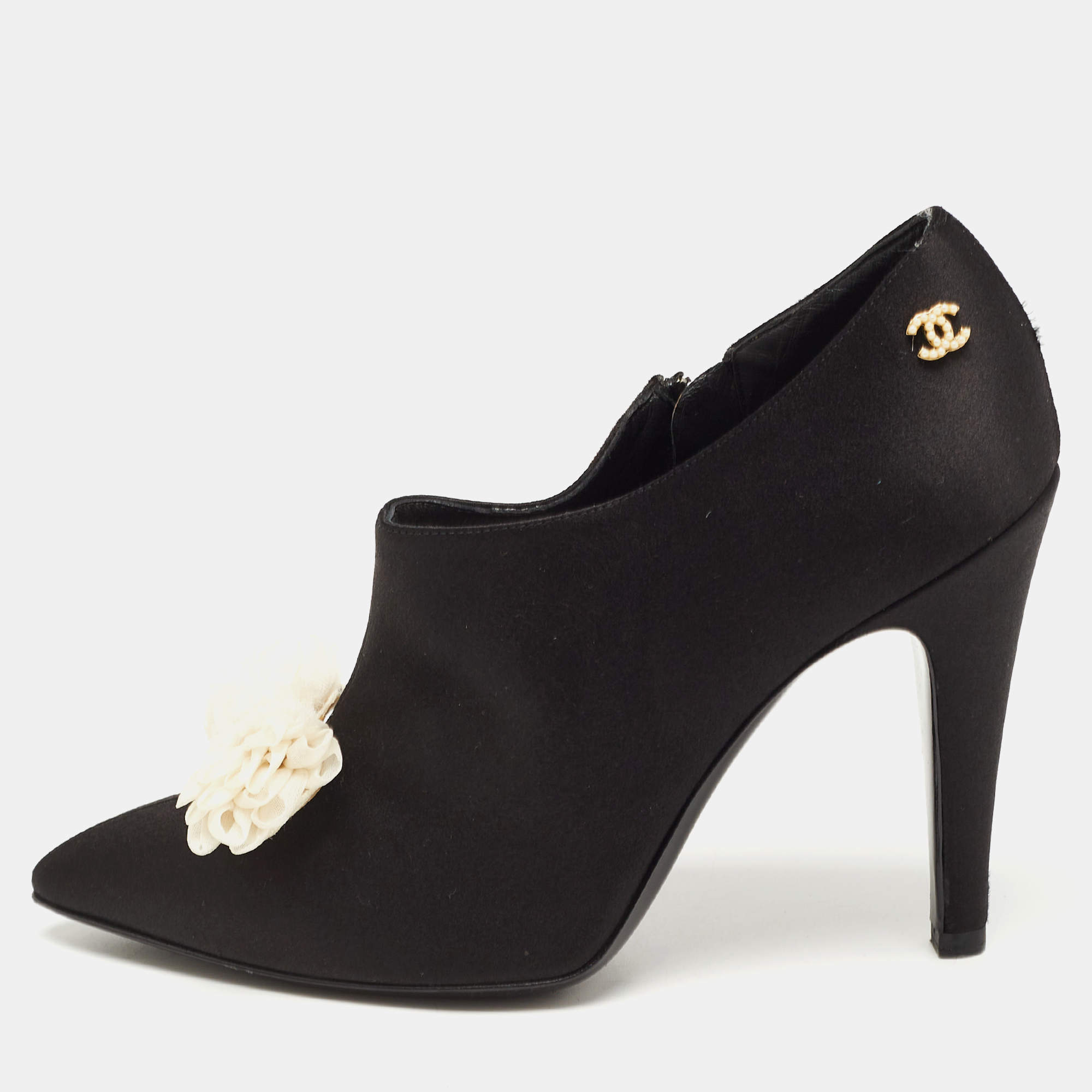 Chanel Black Satin CC Bow Pointed Toe Booties Size 36