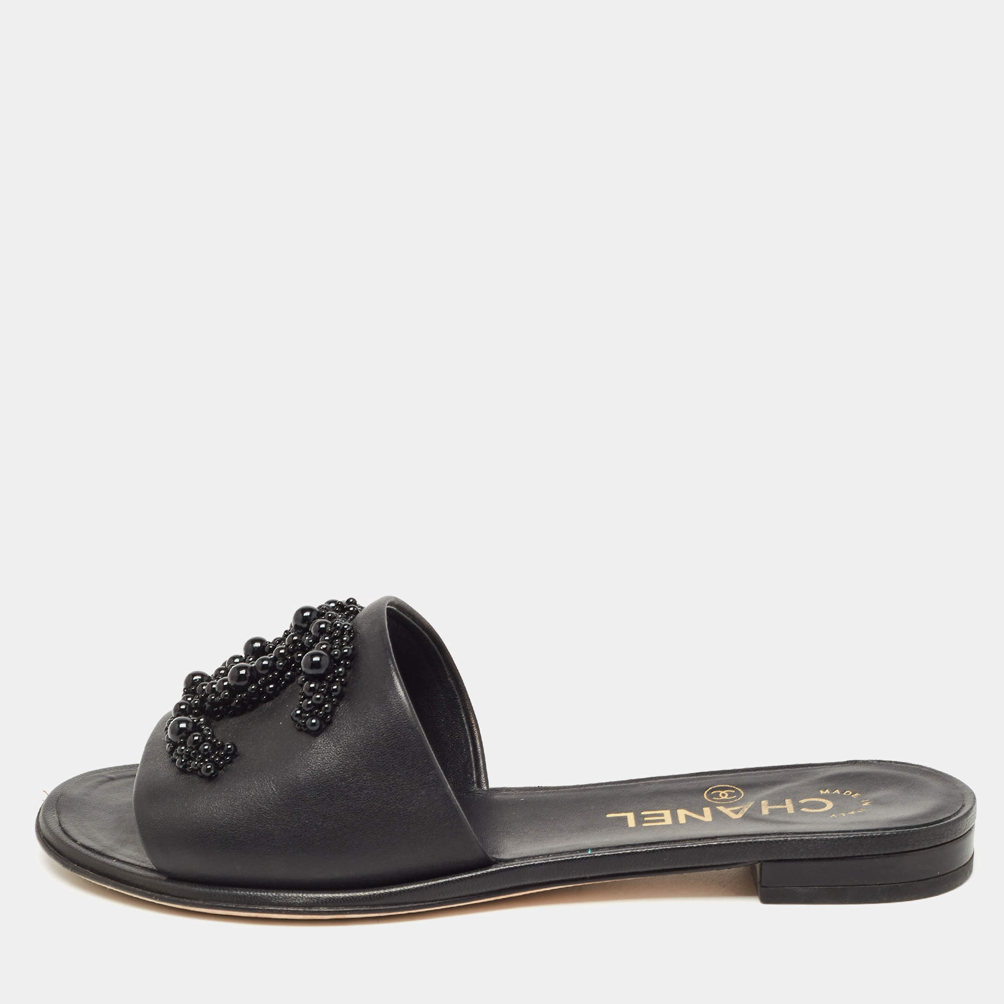 Chanel Black Leather Embellished CC Flat Slides Size 36