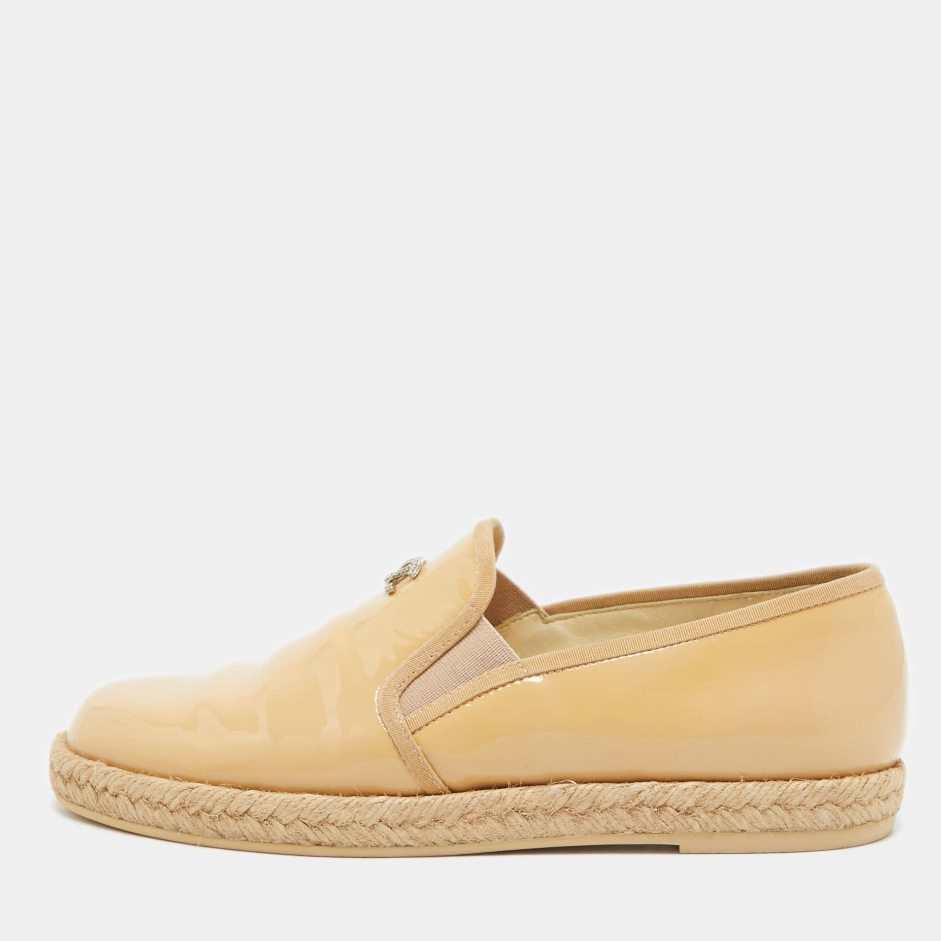 Chanel Beige Patent Leather CC Espadrille Loafers Size 36.5