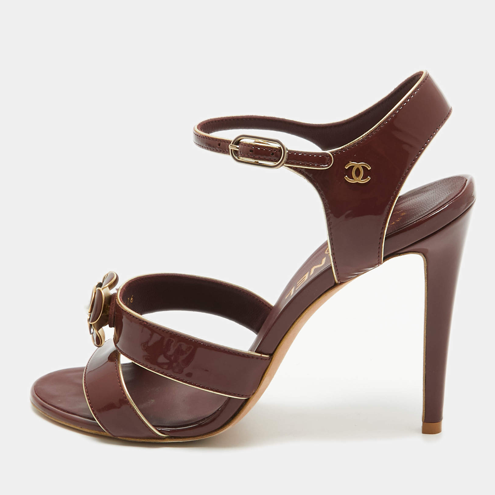Chanel Burgundy Patent Camelia Ankle Strap Sandals Size 39
