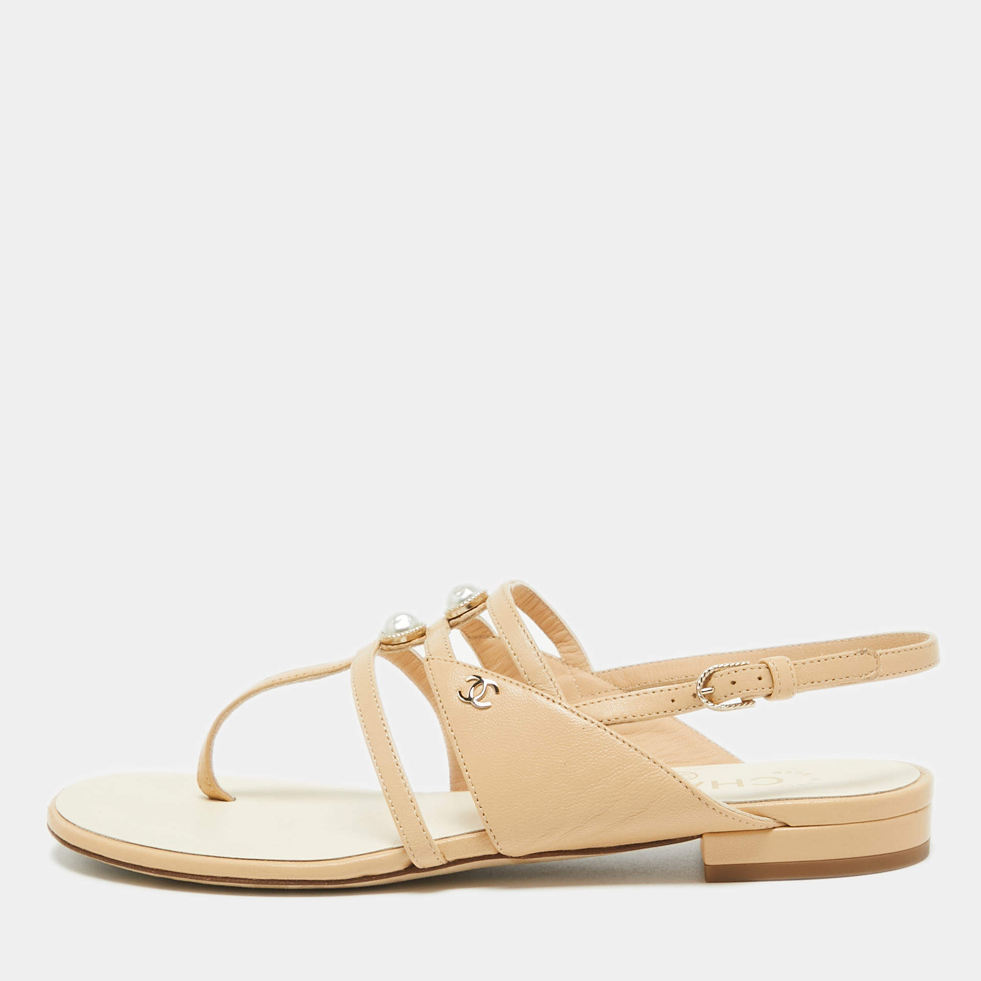 Chanel Beige Leather Embellished Ankle Strap Flat Sandals Size 36