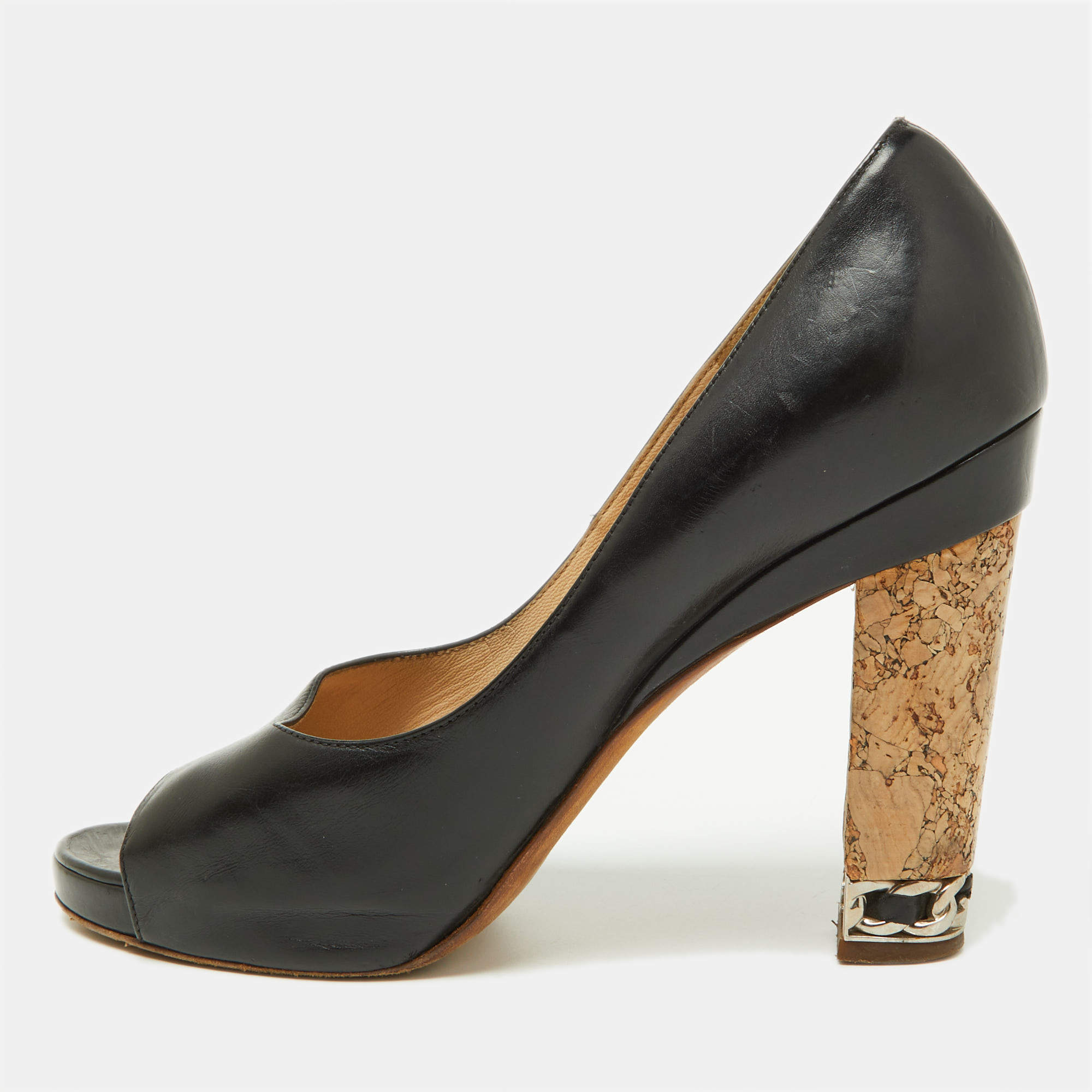 Chanel Black Leather Chain Link Cork Heel Open Toe Pumps Size 38.5