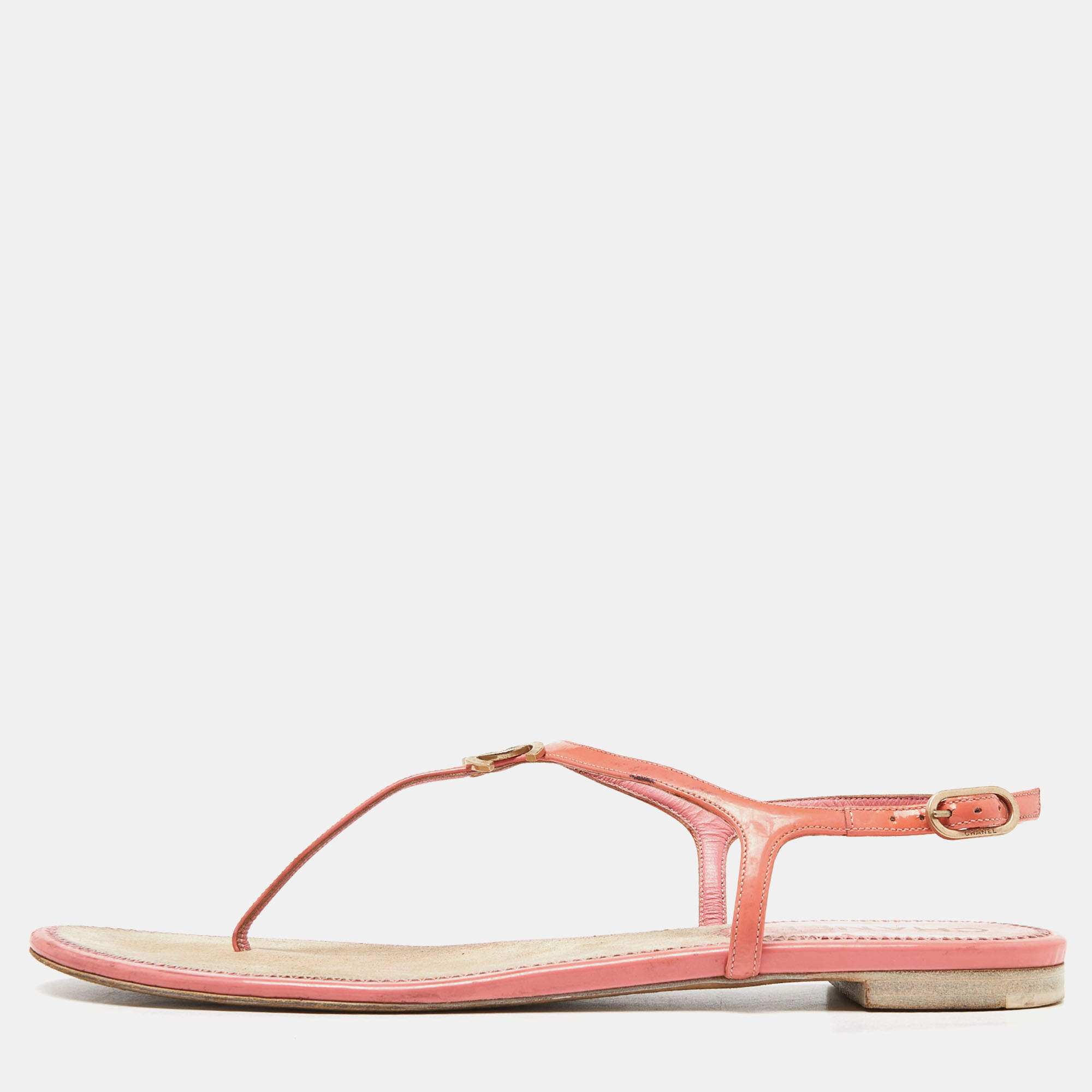 Chanel Orange Patent Leather T-Strap Flat Thong Sandals Size 39