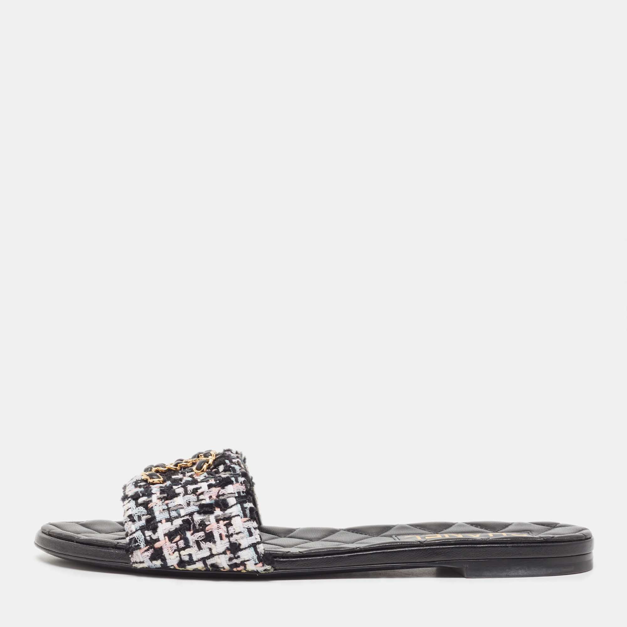 Pre Owned Chanel Multicolor Tweed Interlocking CC Logo Flat Slides Size 38.5